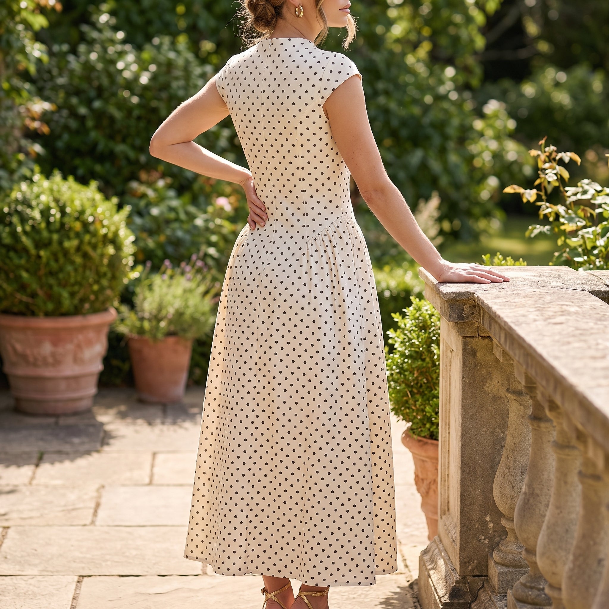 Georgia - Women's Formal Polka Dot Cap Sleeve Midi Dress - Maxi Dress - White - Taylor & Bennett