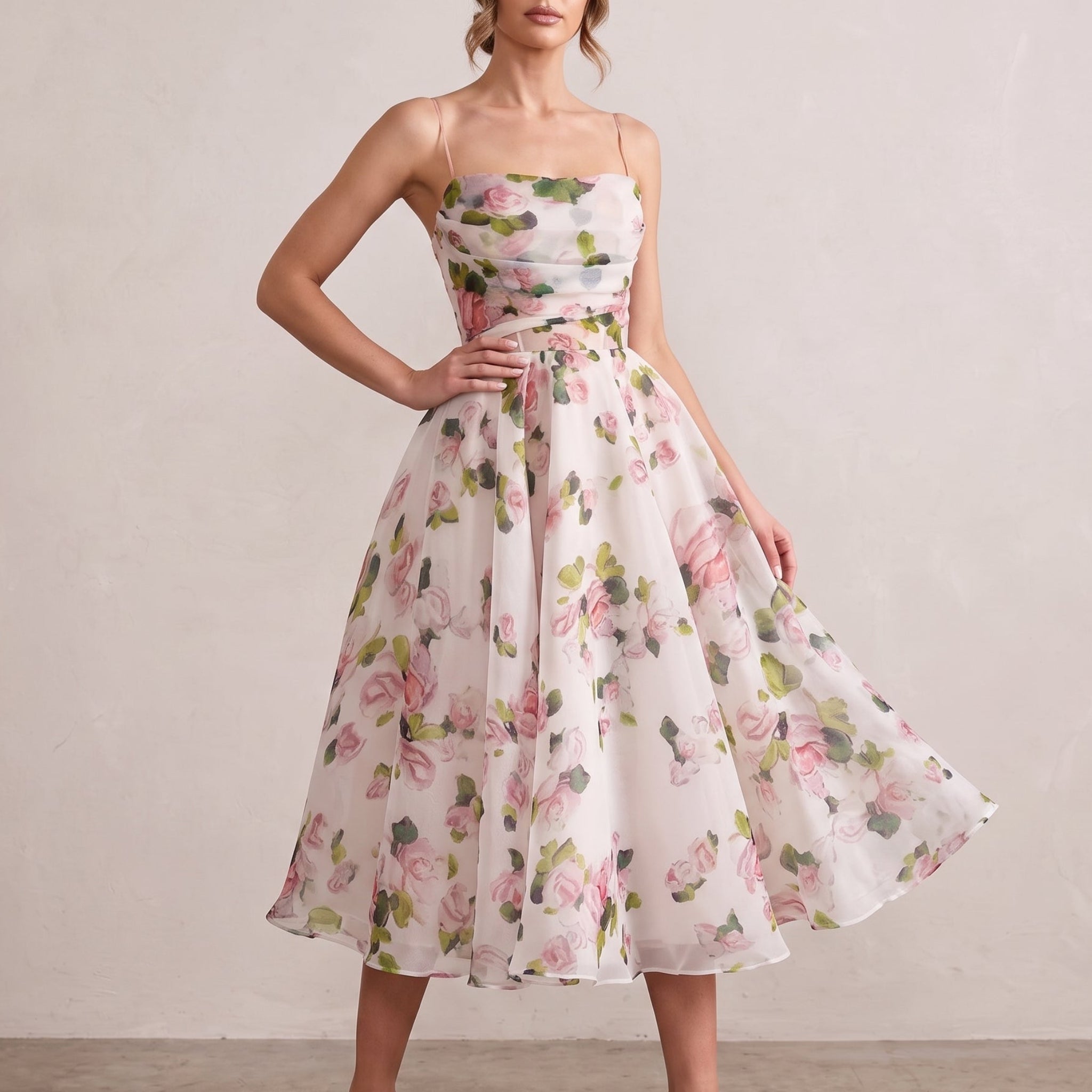Georgia - Women's Party Floral Square Neck Midi Dress - Midi Dresses - Pink - Taylor & Bennett