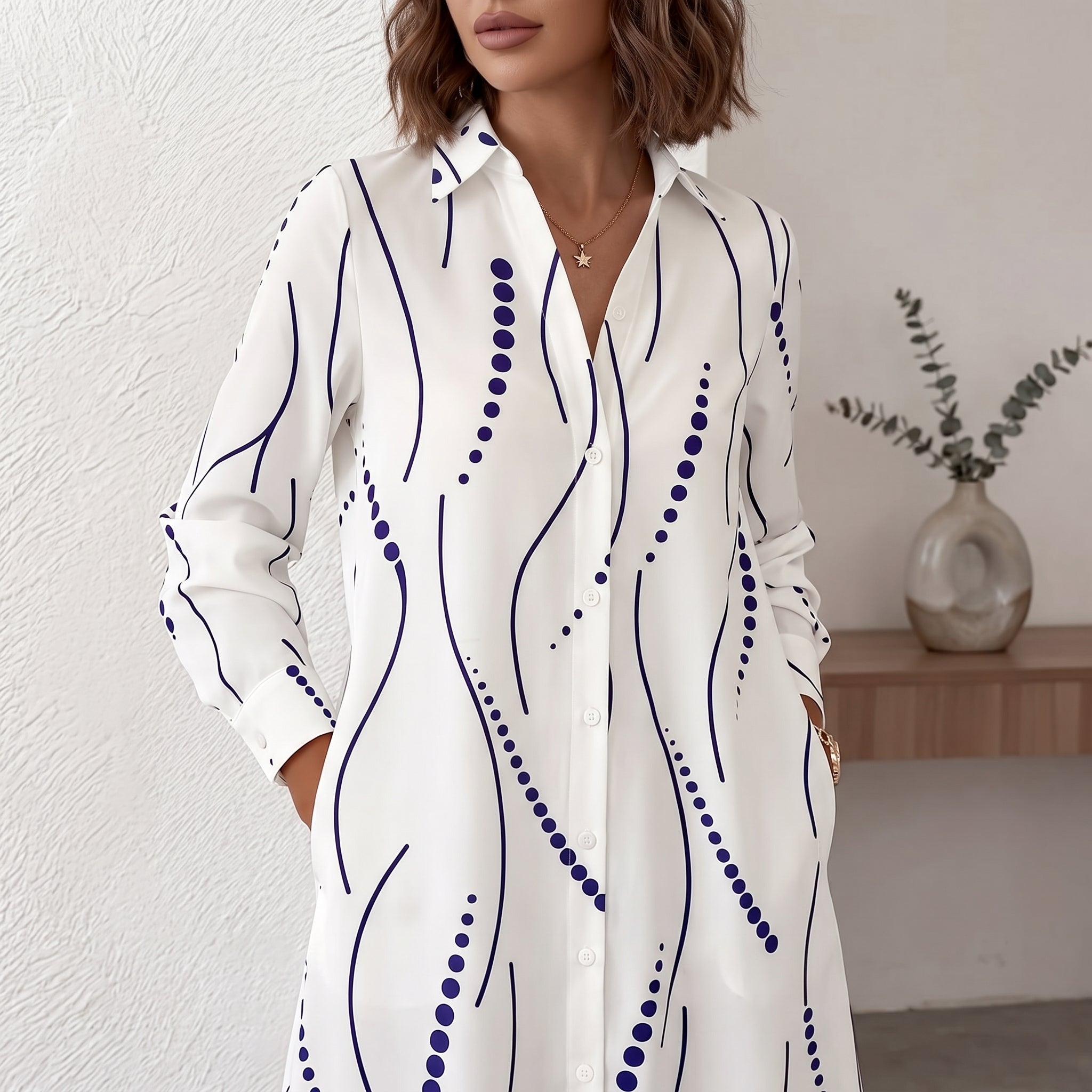 Georgia - Women's Summer Abstract Print Collared Shirt Dress - Dress - White - Taylor & Bennett