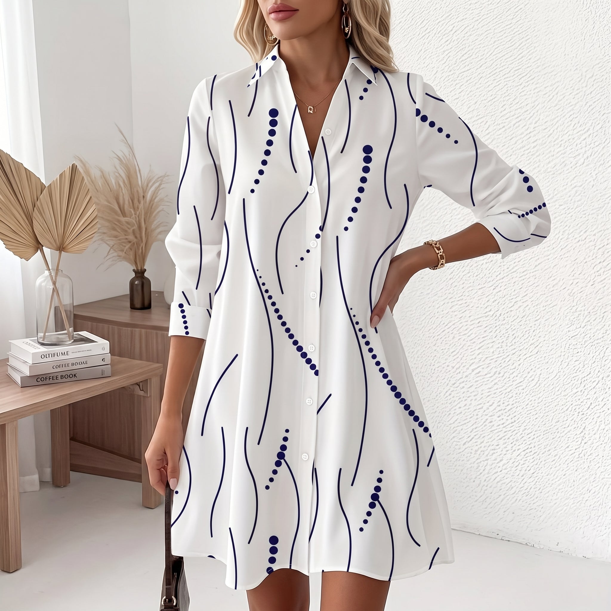Georgia - Women's Summer Abstract Print Collared Shirt Dress - Dress - White - Taylor & Bennett