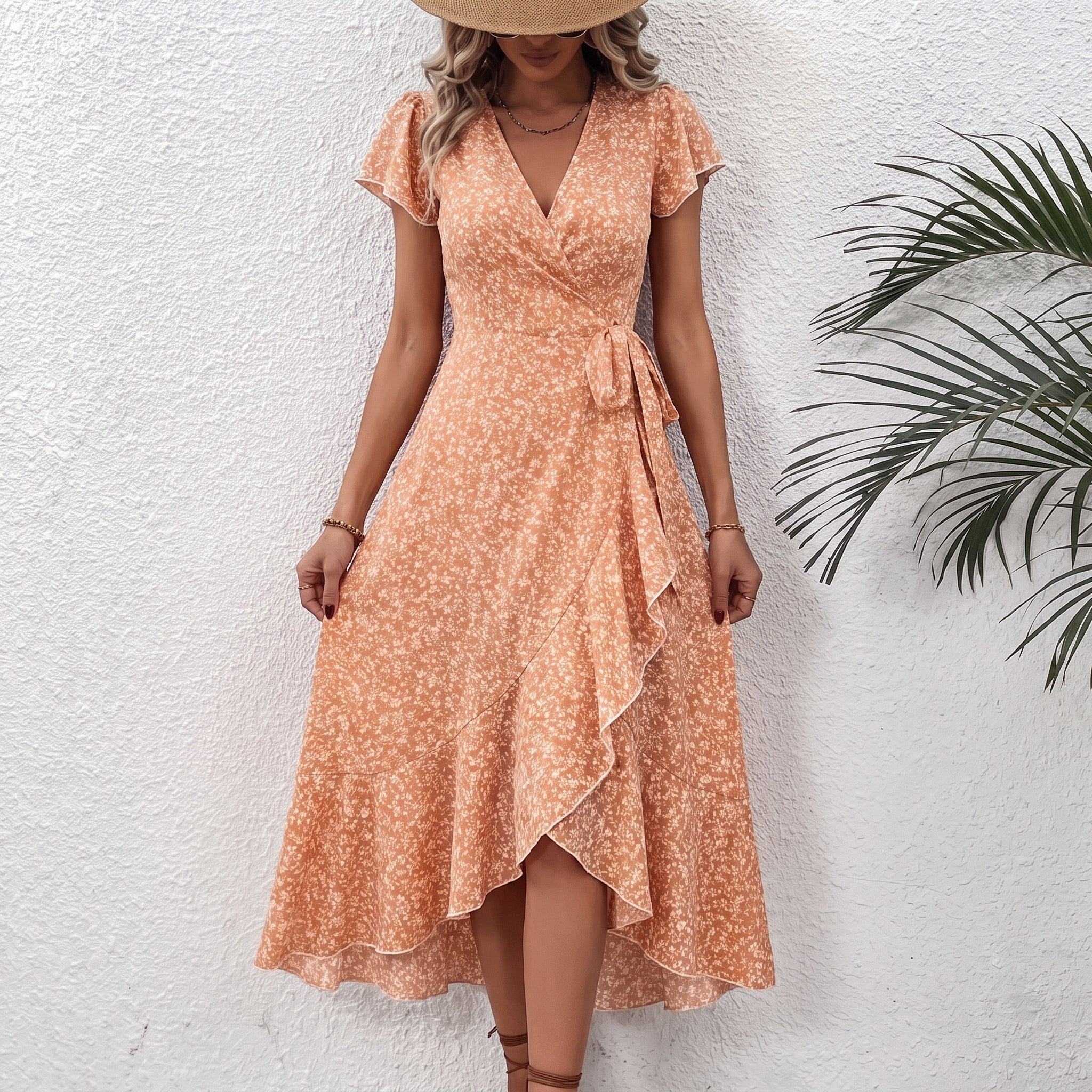 Georgia - Women's Summer Ditsy Polka Dots Ruffle Hem Midi Dress - Dresses - Orange - Taylor & Bennett