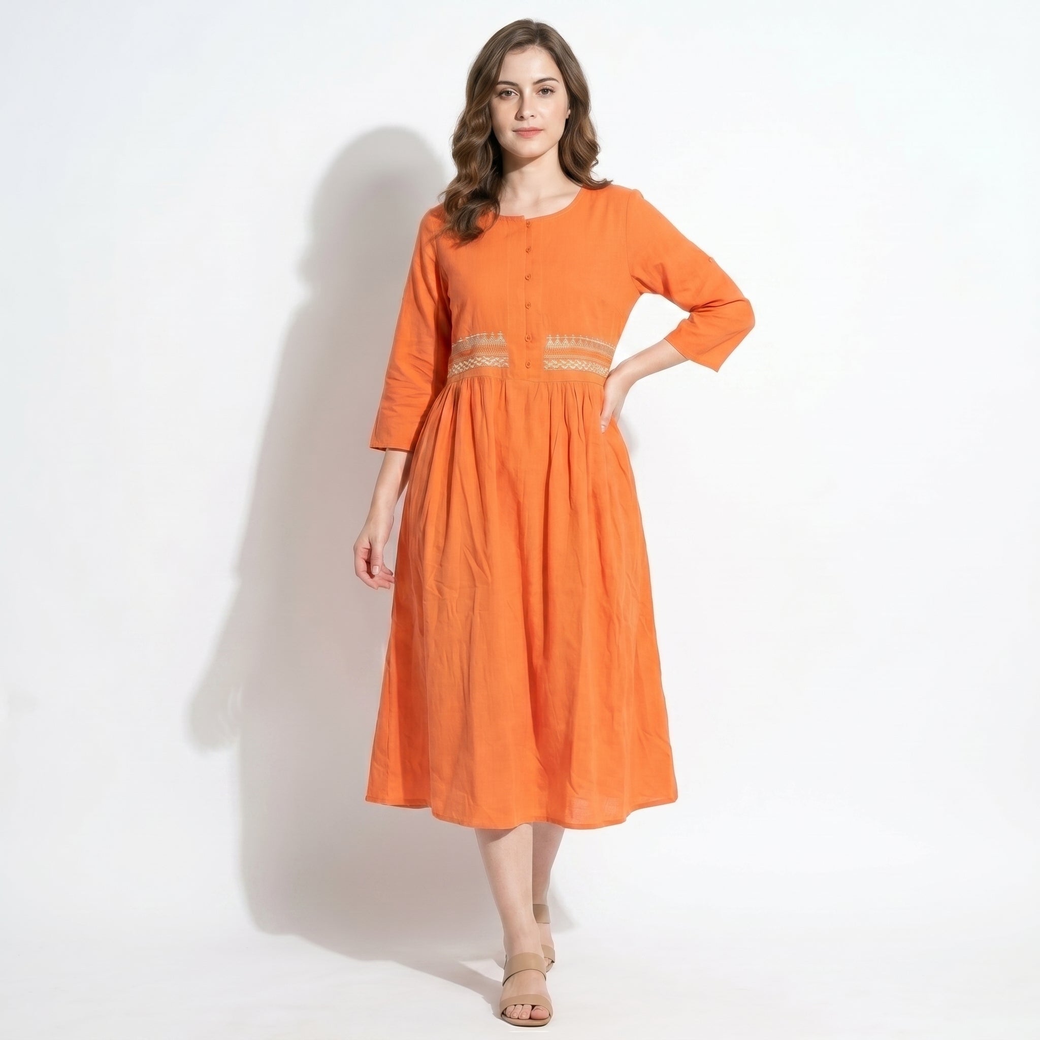 Georgia - Women's Summer Embroidered Button - Front Midi Dress - Midi Dress - White - Taylor & Bennett