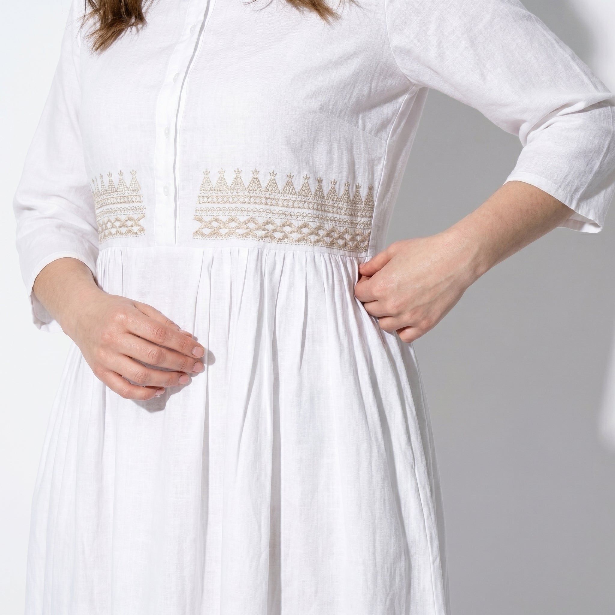 Georgia - Women's Summer Embroidered Button - Front Midi Dress - Midi Dress - White - Taylor & Bennett
