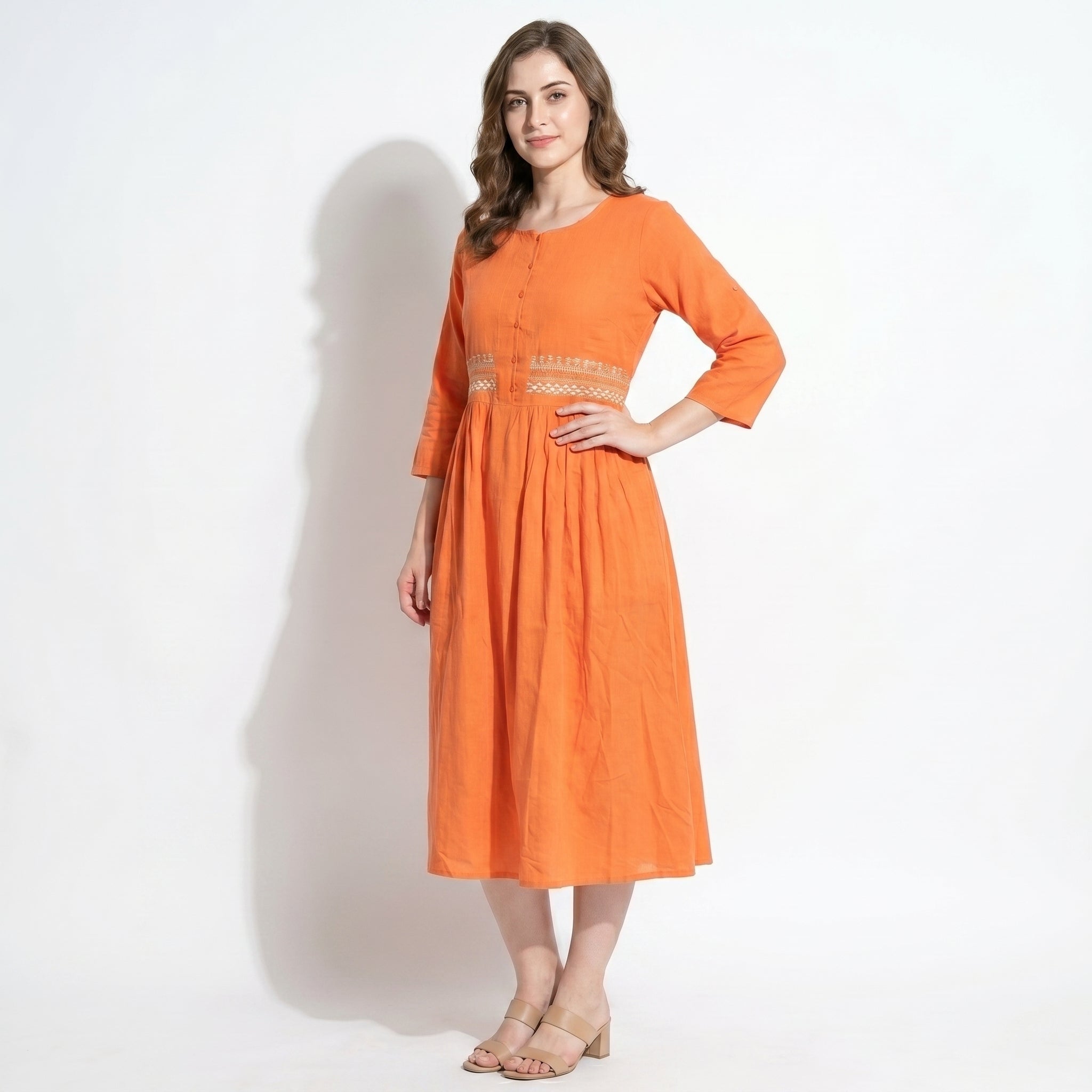 Georgia - Women's Summer Embroidered Button - Front Midi Dress - Midi Dress - Orange - Taylor & Bennett
