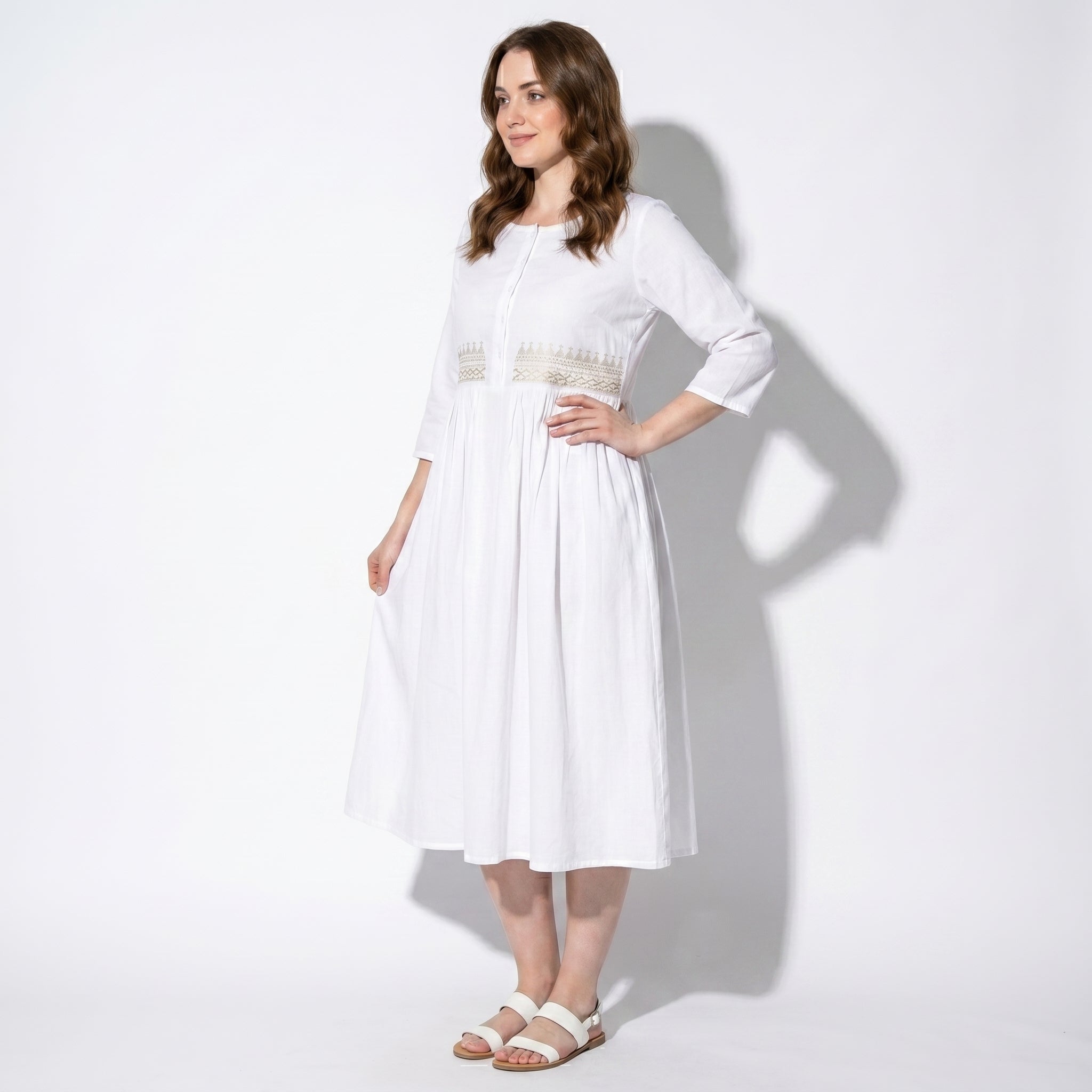 Georgia - Women's Summer Embroidered Button - Front Midi Dress - Midi Dress - White - Taylor & Bennett