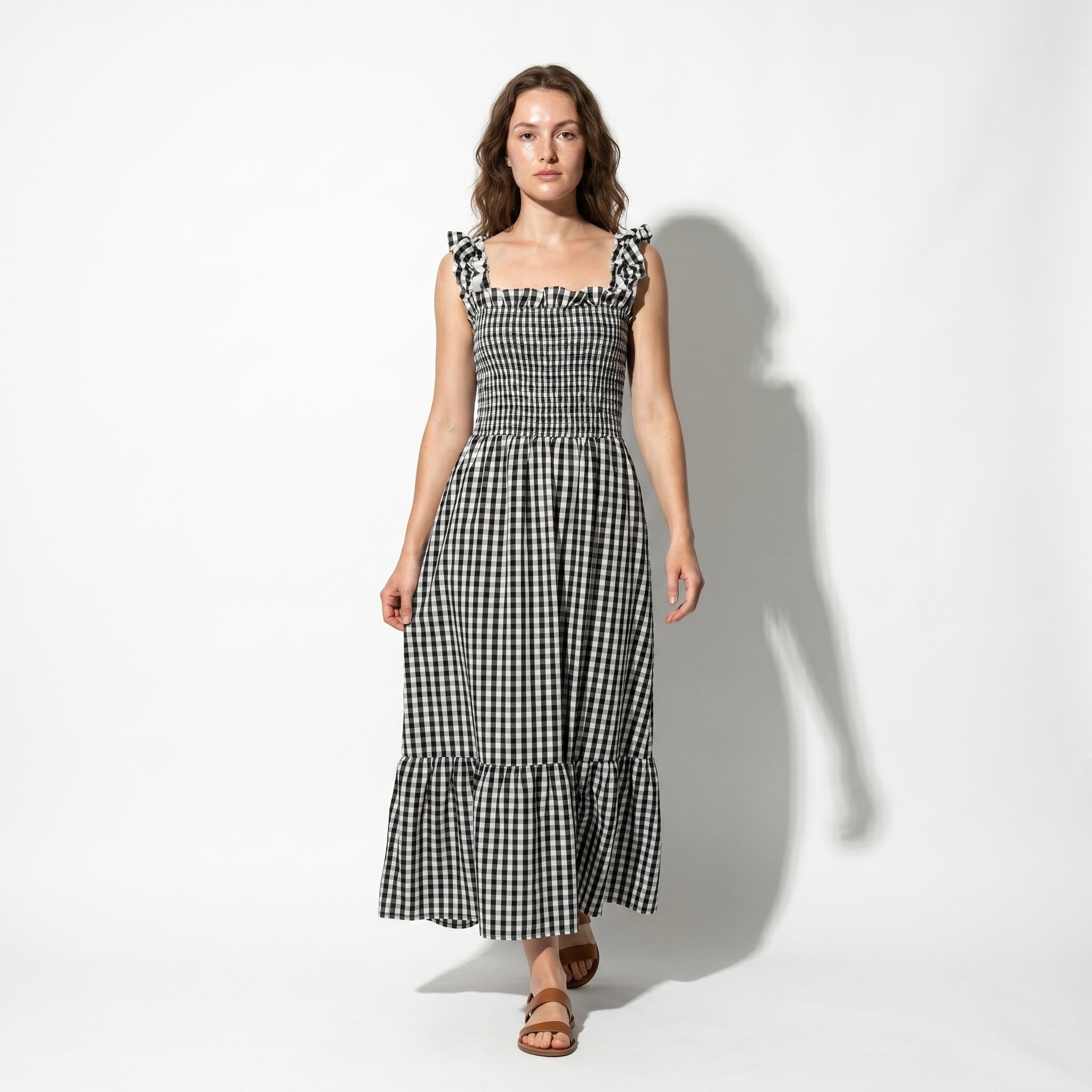 Georgia - Women's Summer Gingham Smocked Midi Dress - Maxi Dress - Black - Taylor & Bennett