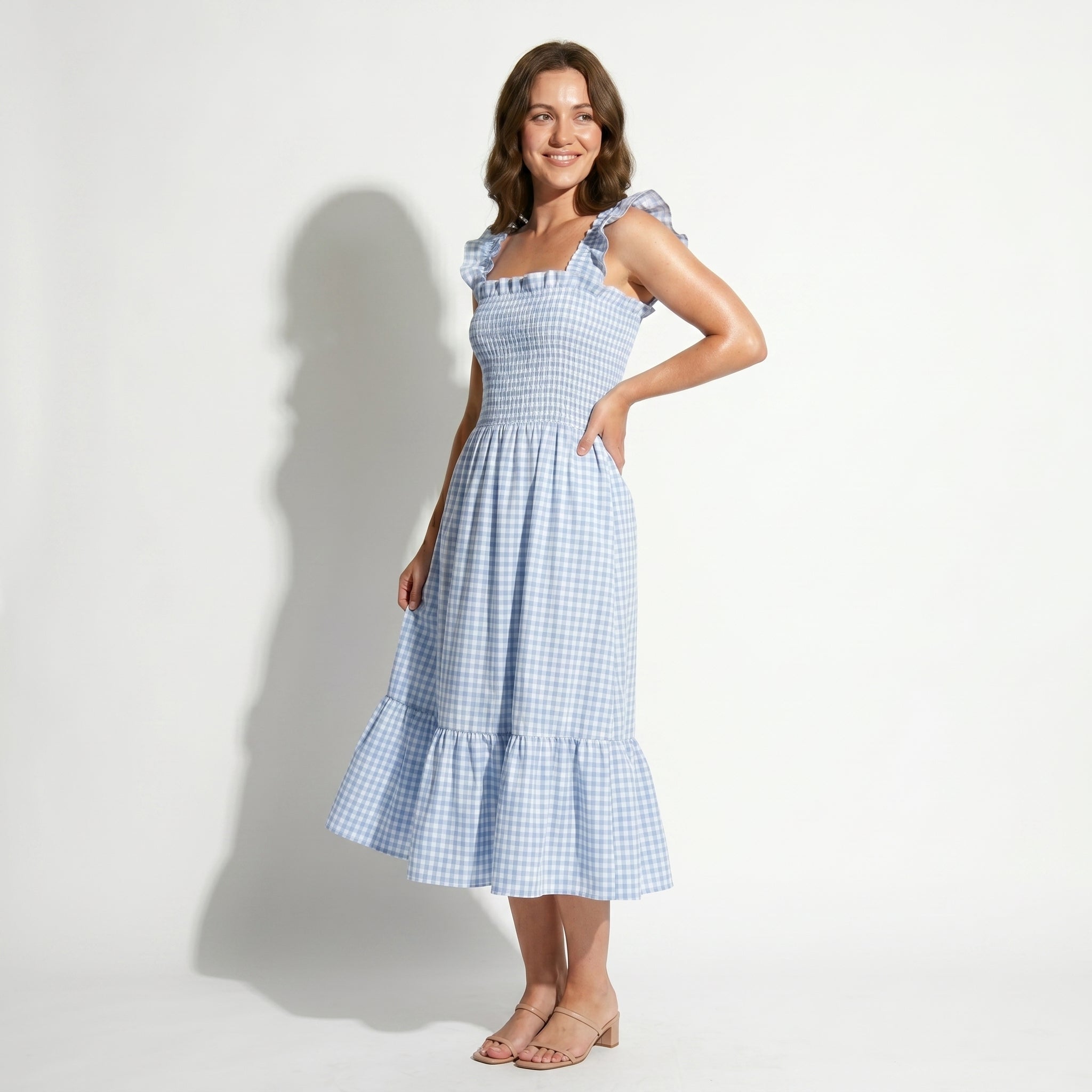 Georgia - Women's Summer Gingham Smocked Midi Dress - Maxi Dress - Blue - Taylor & Bennett