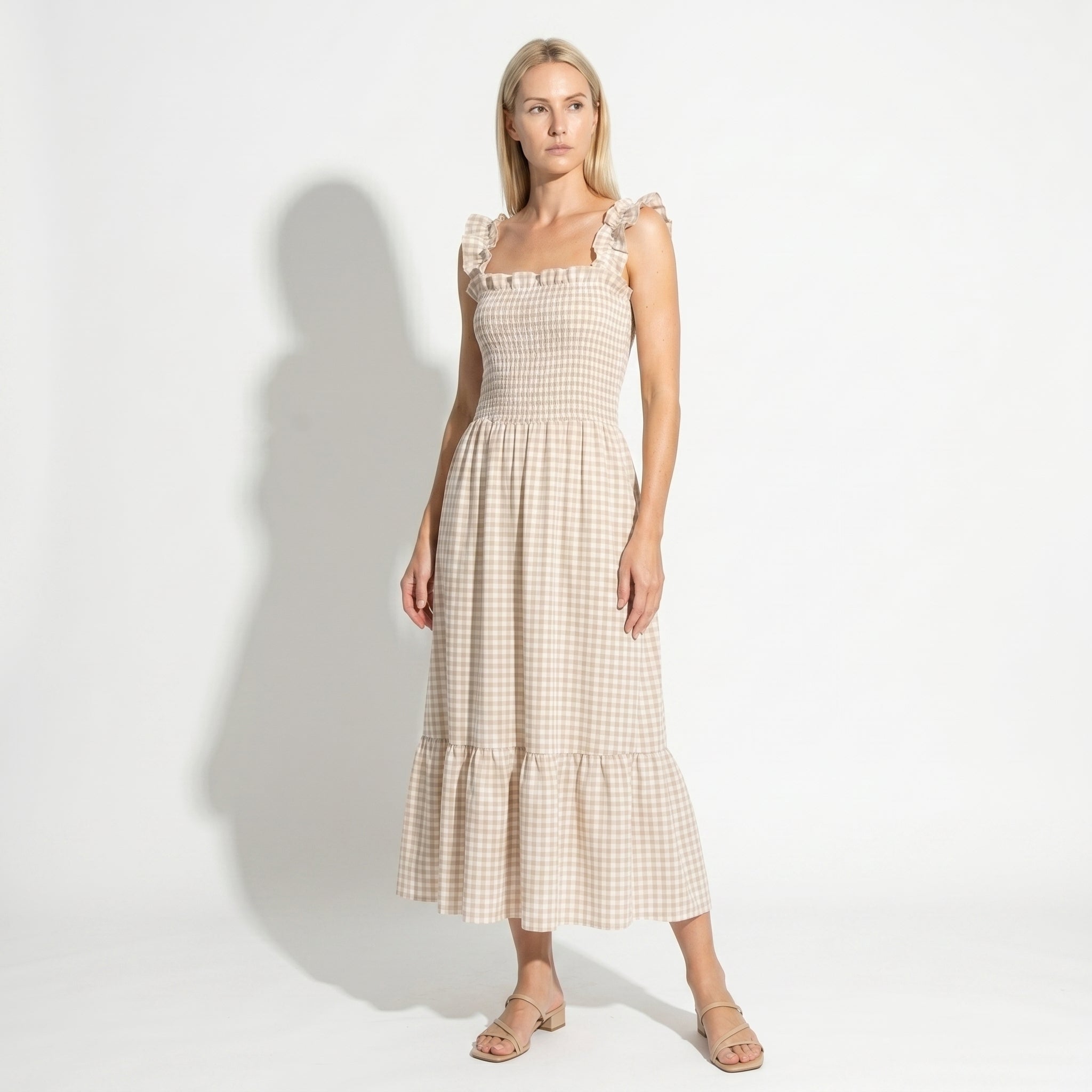 Georgia - Women's Summer Gingham Smocked Midi Dress - Maxi Dress - Beige - Taylor & Bennett