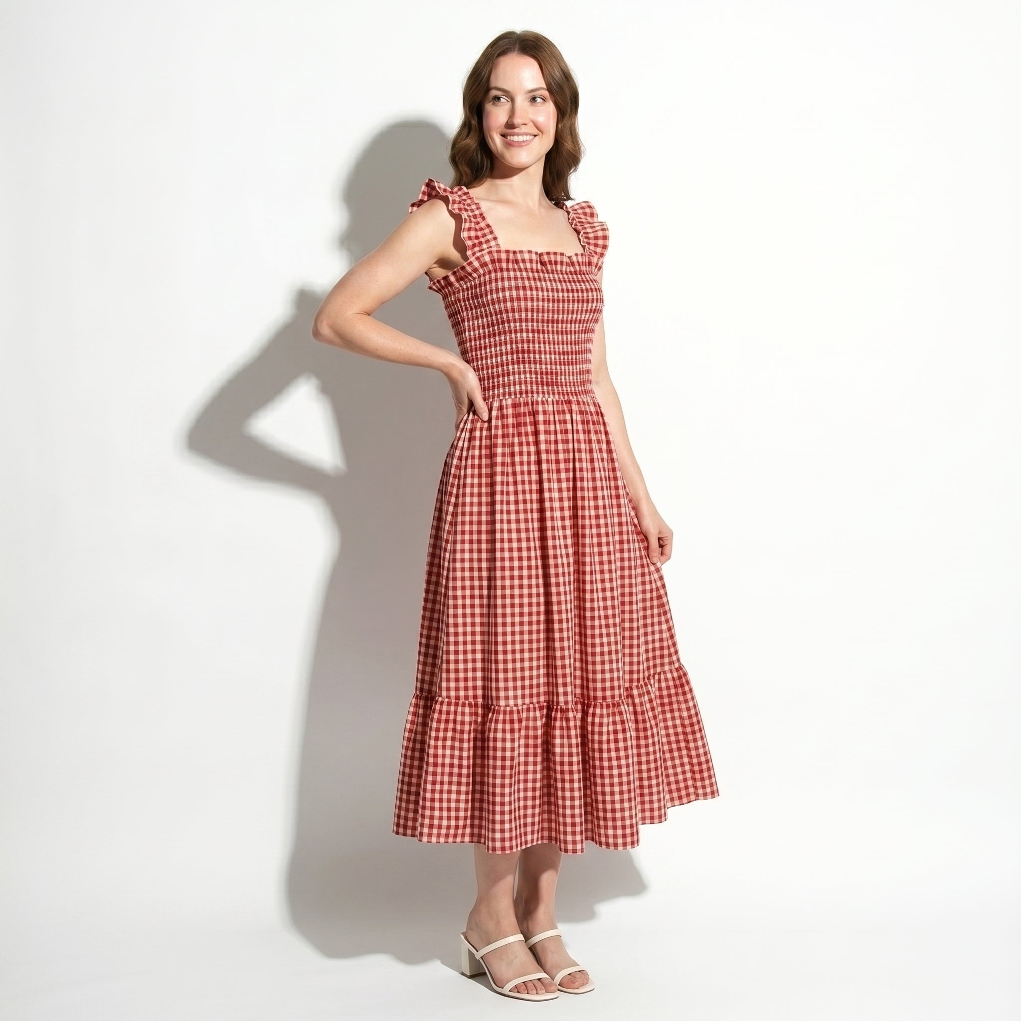 Georgia - Women's Summer Gingham Smocked Midi Dress - Maxi Dress - Red - Taylor & Bennett