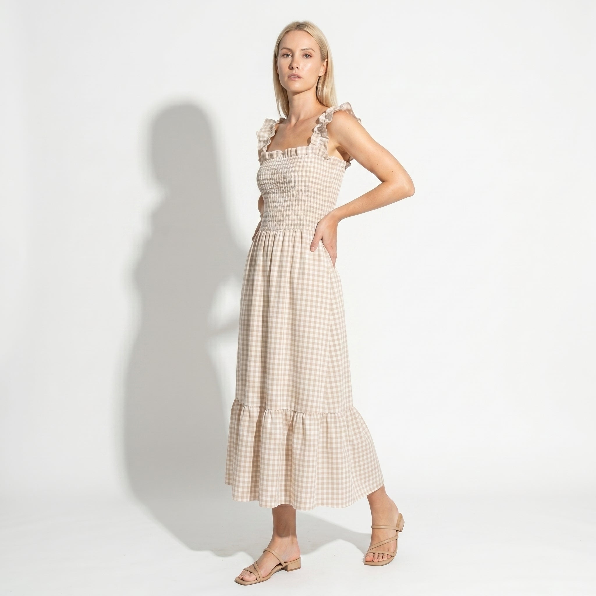 Georgia - Women's Summer Gingham Smocked Midi Dress - Maxi Dress - Beige - Taylor & Bennett
