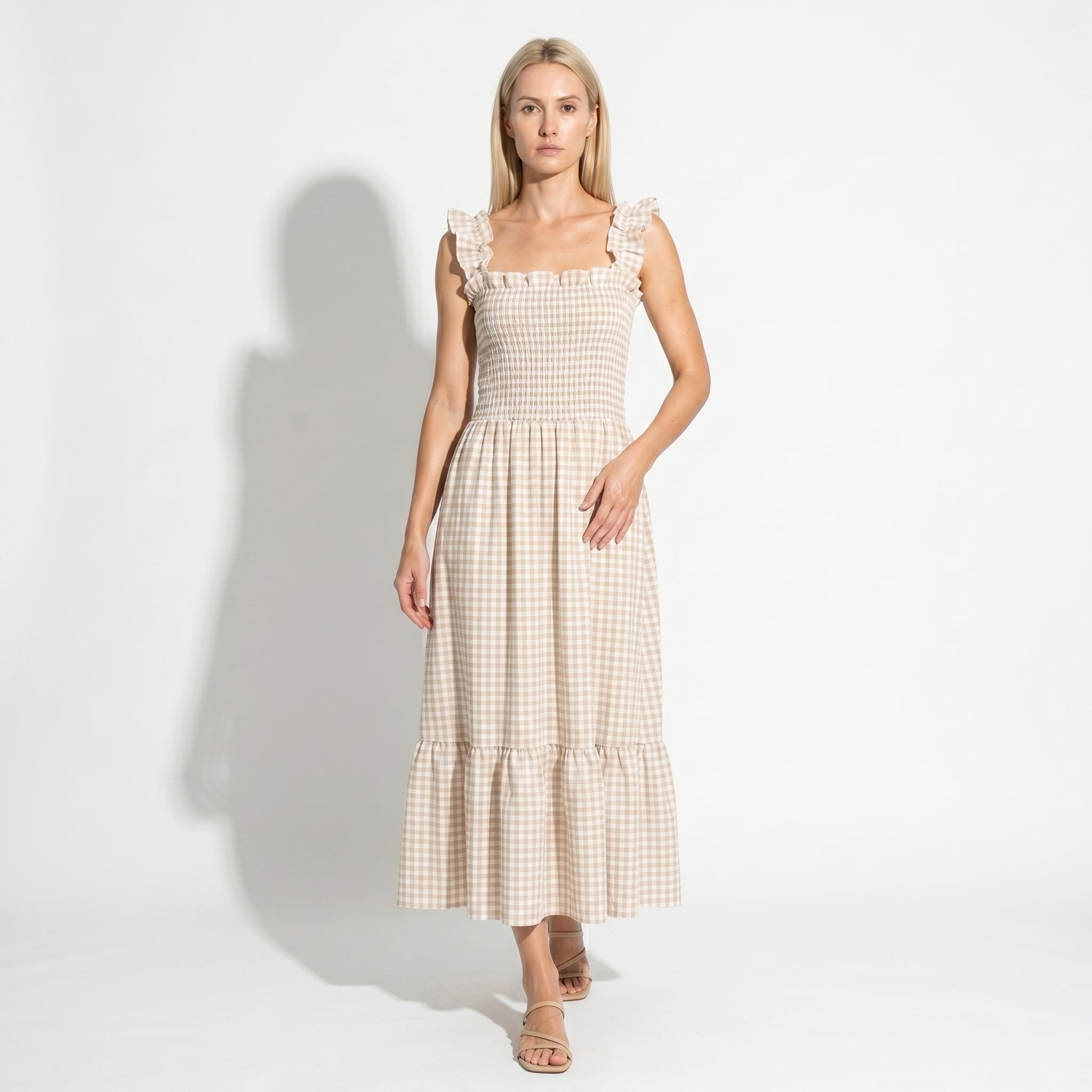 Georgia - Women's Summer Gingham Smocked Midi Dress - Maxi Dress - Beige - Taylor & Bennett