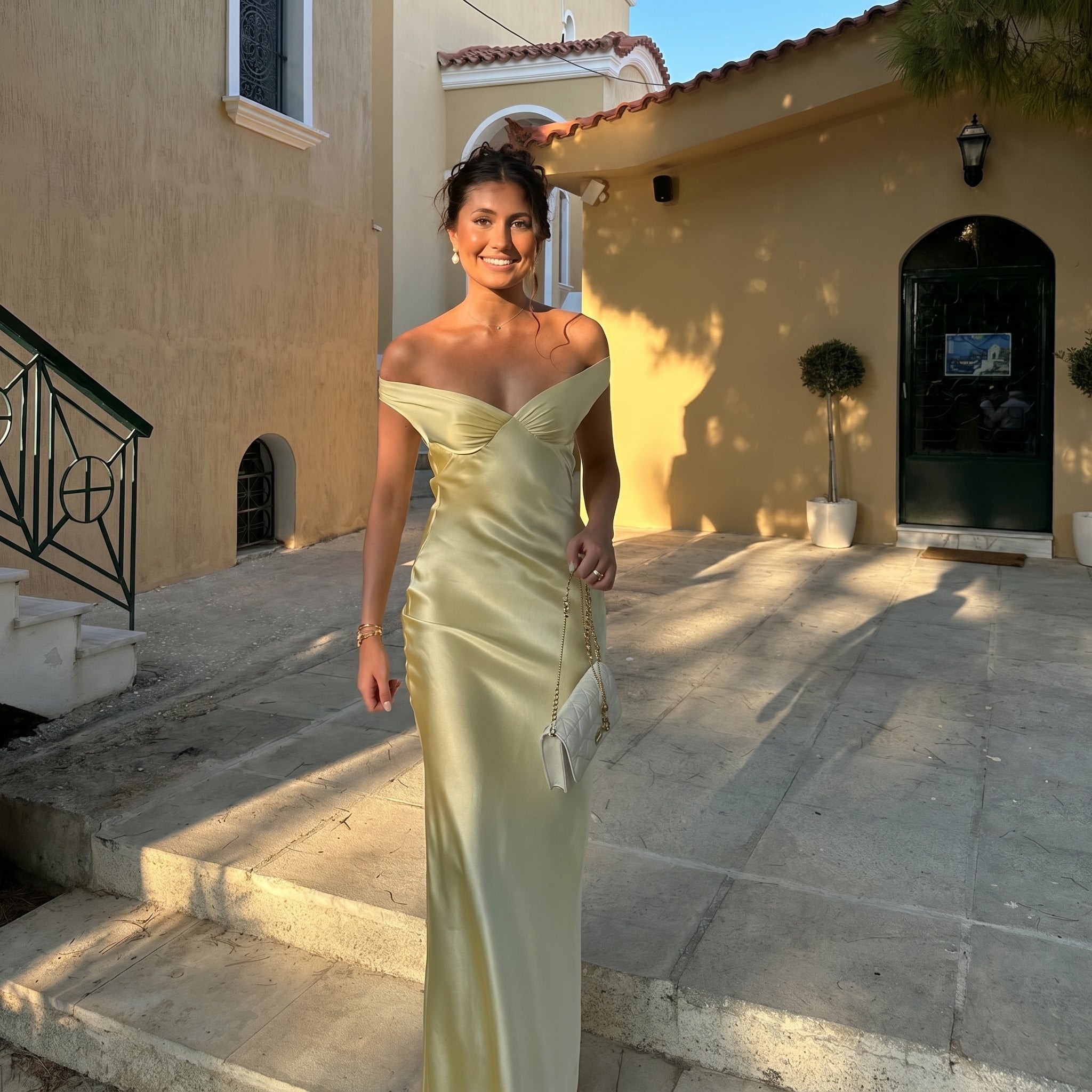 Georgia - Women's Wedding Guest Off - Shoulder Ruched Maxi Dress - Maxi Dress - Yellow - Taylor & Bennett