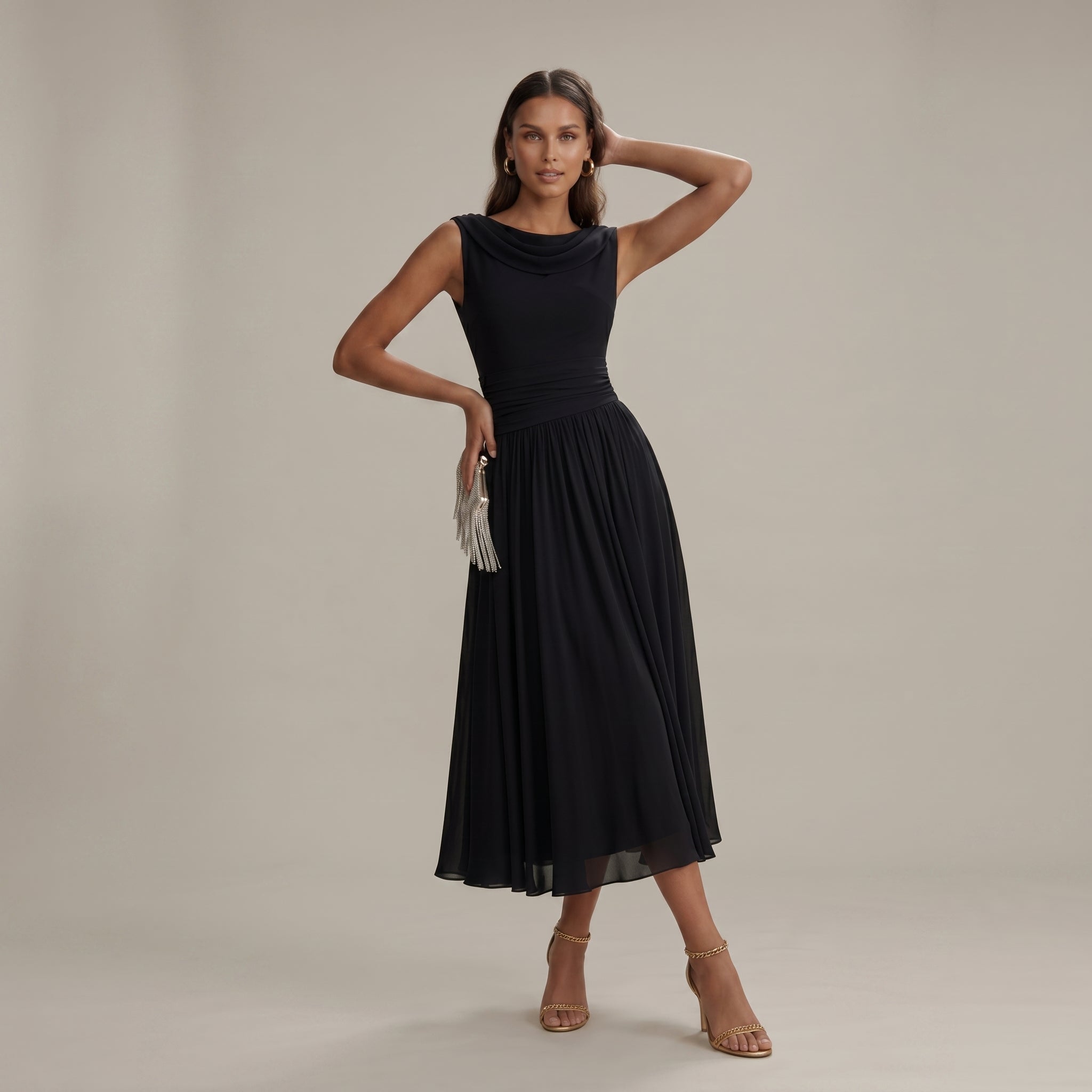 Georgia - Women's Wedding Guest Pleated Midi Dress - Midi Dress - Black - Taylor & Bennett