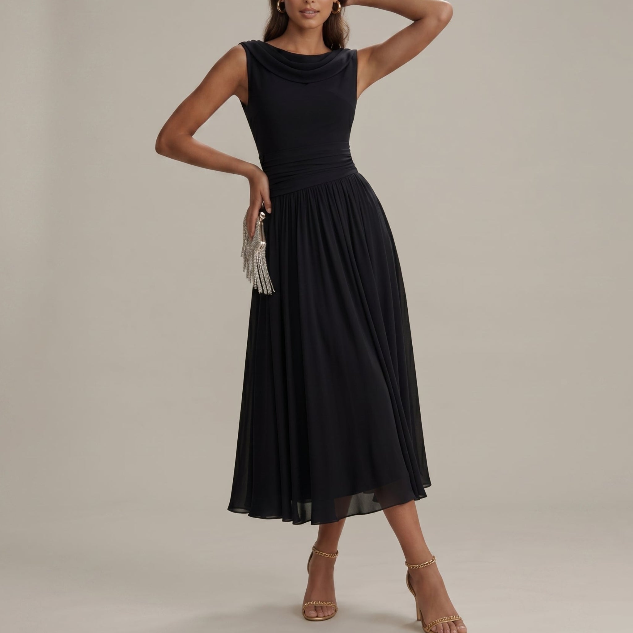 Georgia - Women's Wedding Guest Pleated Midi Dress - Midi Dress - Black - Taylor & Bennett