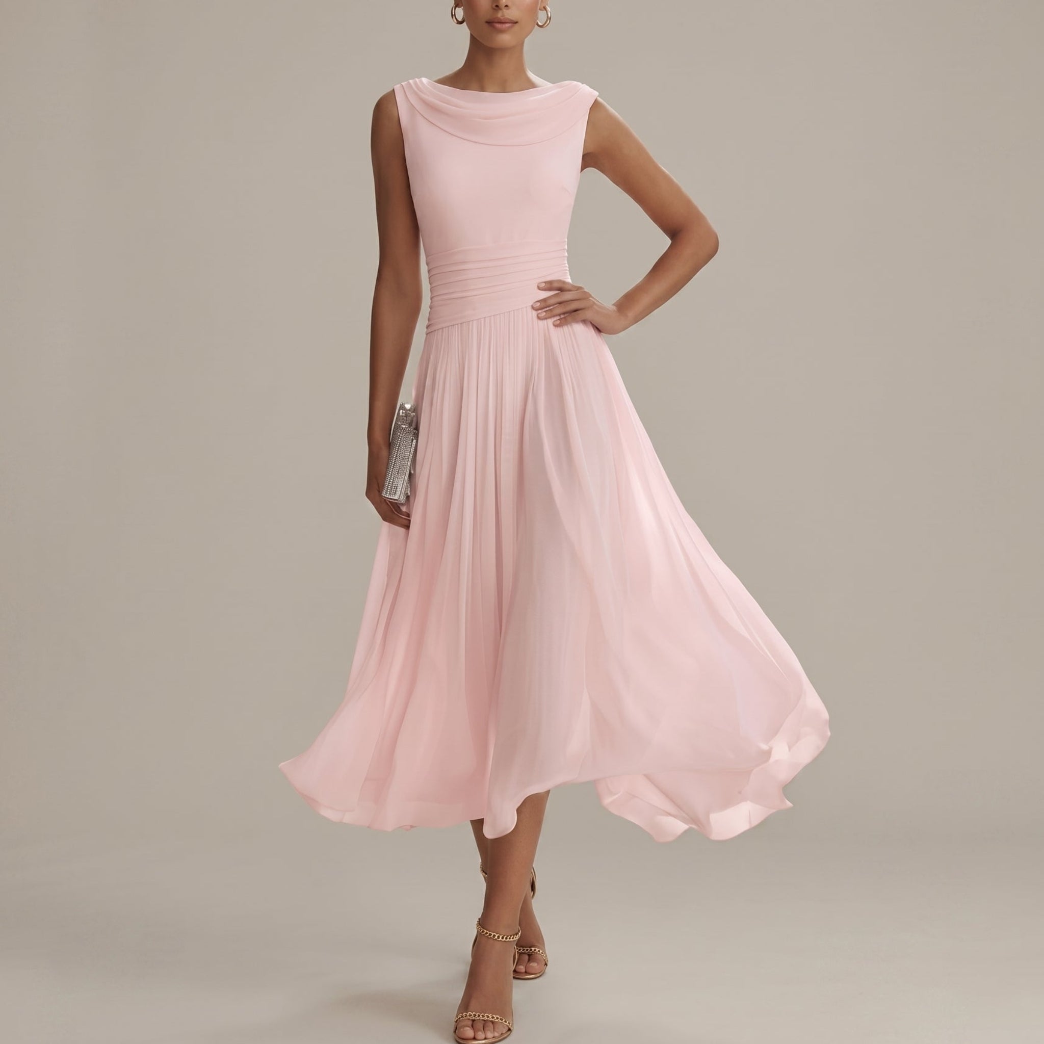 Georgia - Women's Wedding Guest Pleated Midi Dress - Midi Dress - Pink - Taylor & Bennett