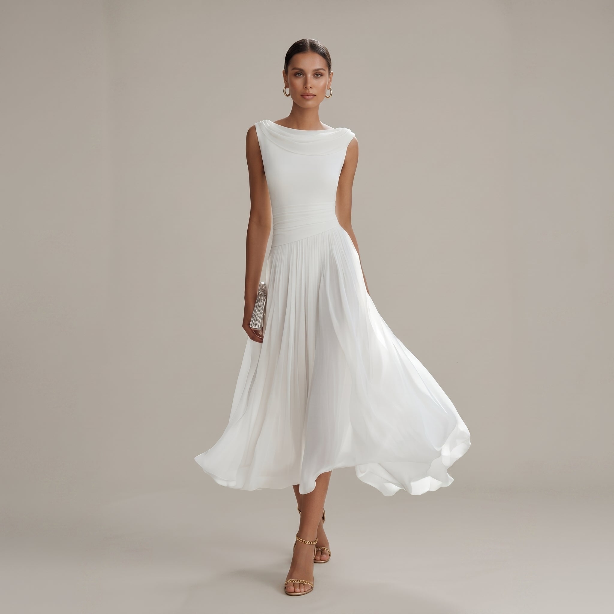 Georgia - Women's Wedding Guest Pleated Midi Dress - Midi Dress - White - Taylor & Bennett