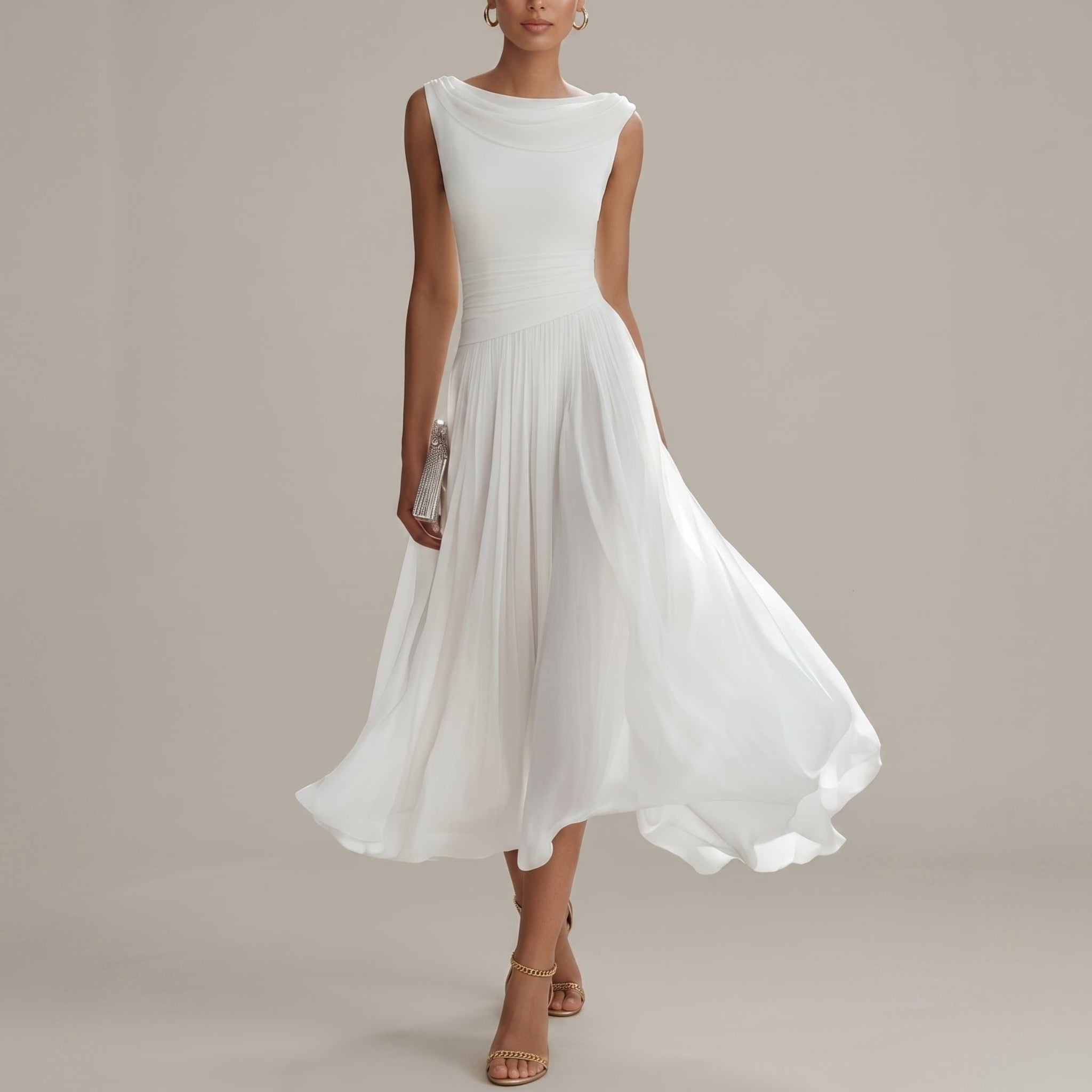 Georgia - Women's Wedding Guest Pleated Midi Dress - Midi Dress - White - Taylor & Bennett