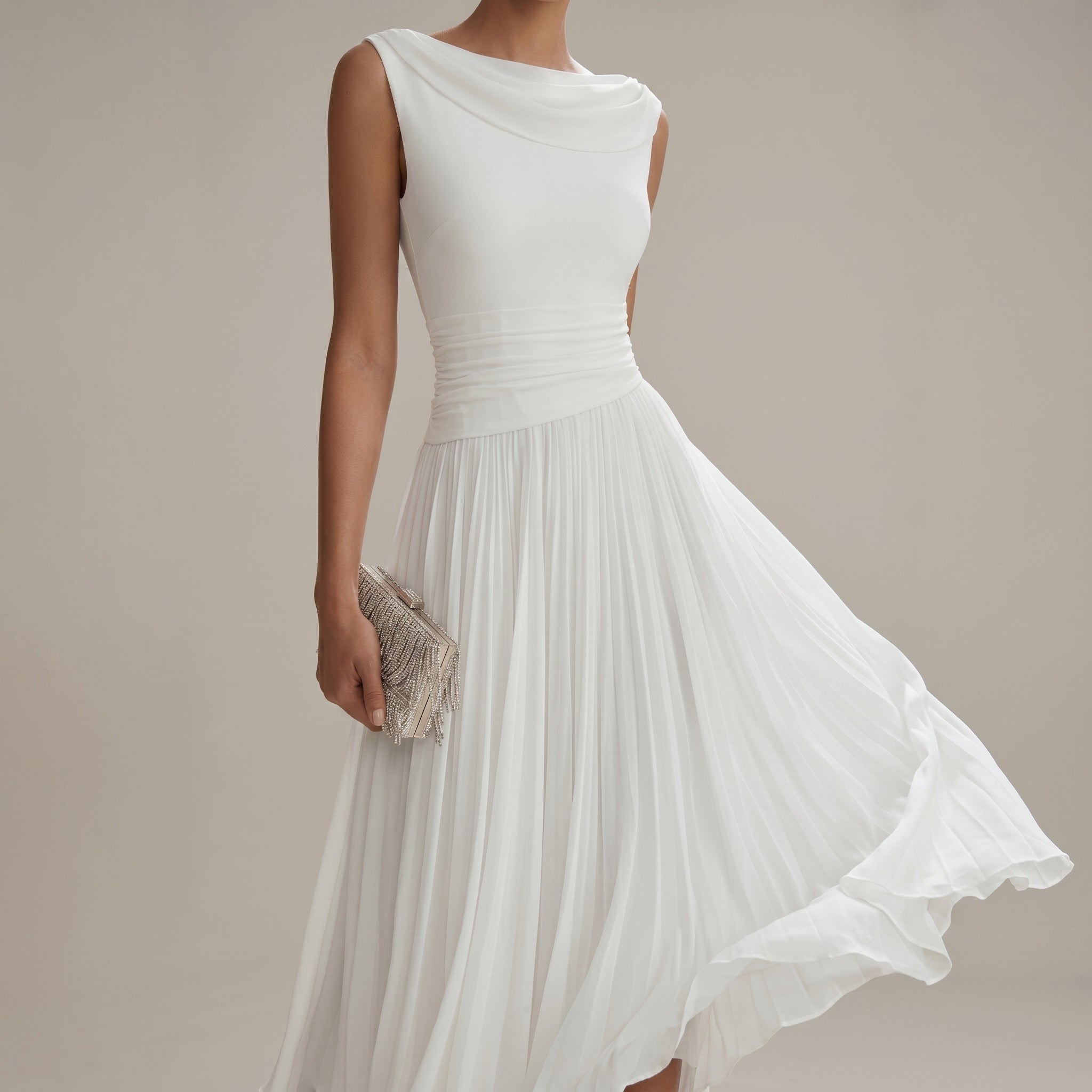 Georgia - Women's Wedding Guest Pleated Midi Dress - Midi Dress - White - Taylor & Bennett