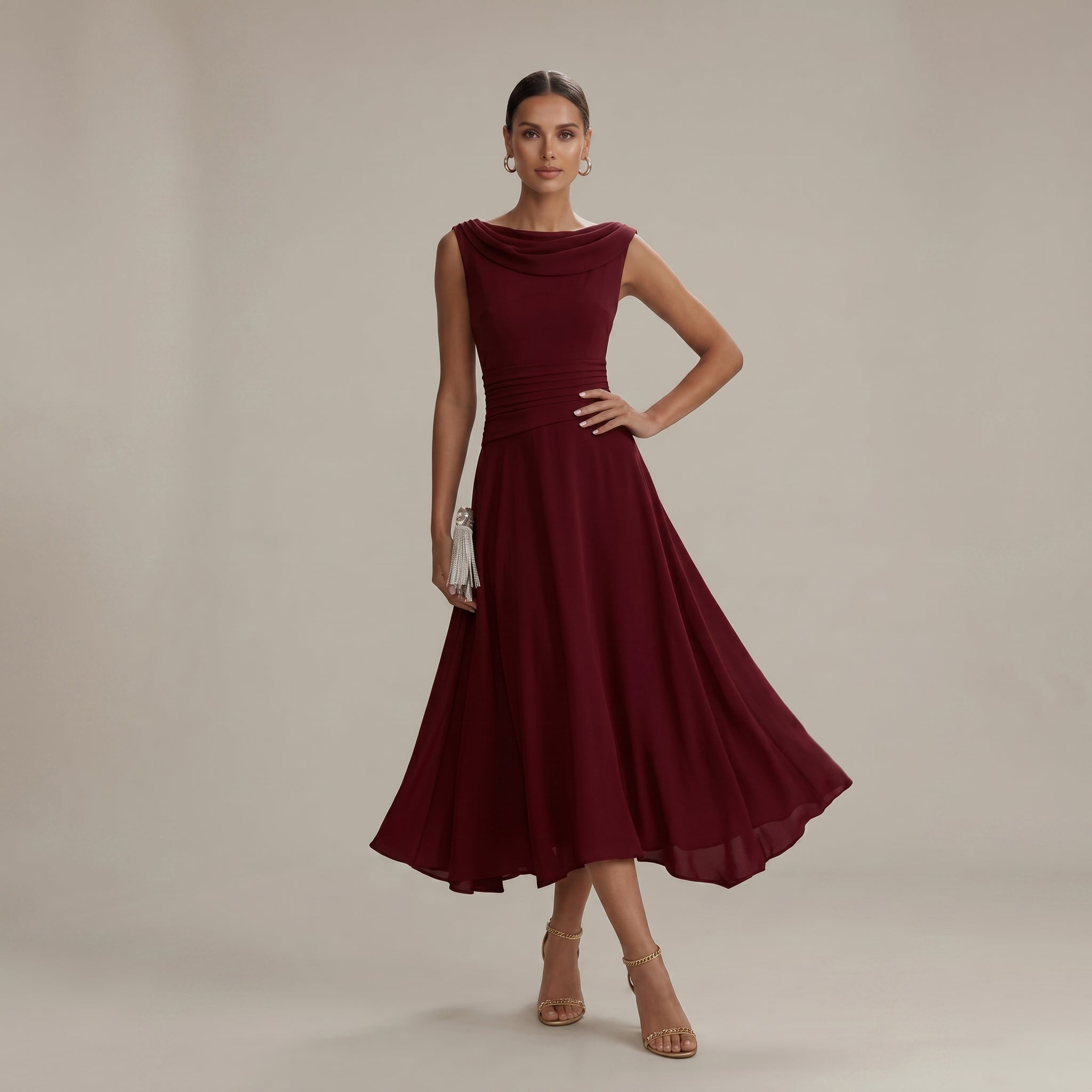 Georgia - Women's Wedding Guest Pleated Midi Dress - Midi Dress - Red - Taylor & Bennett