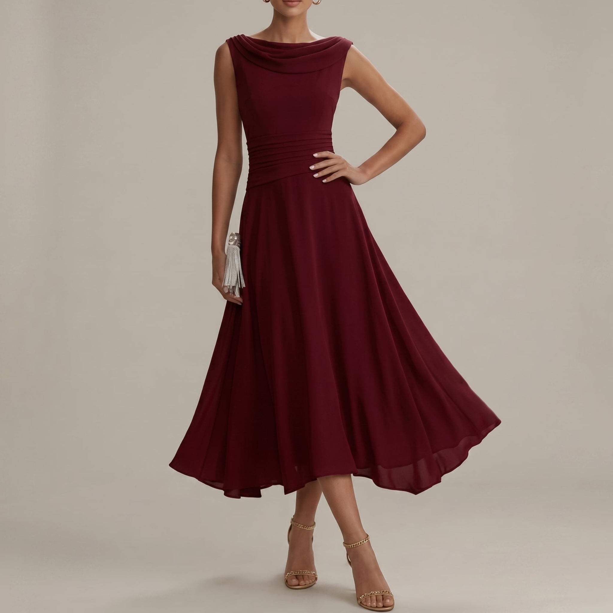 Georgia - Women's Wedding Guest Pleated Midi Dress - Midi Dress - Red - Taylor & Bennett