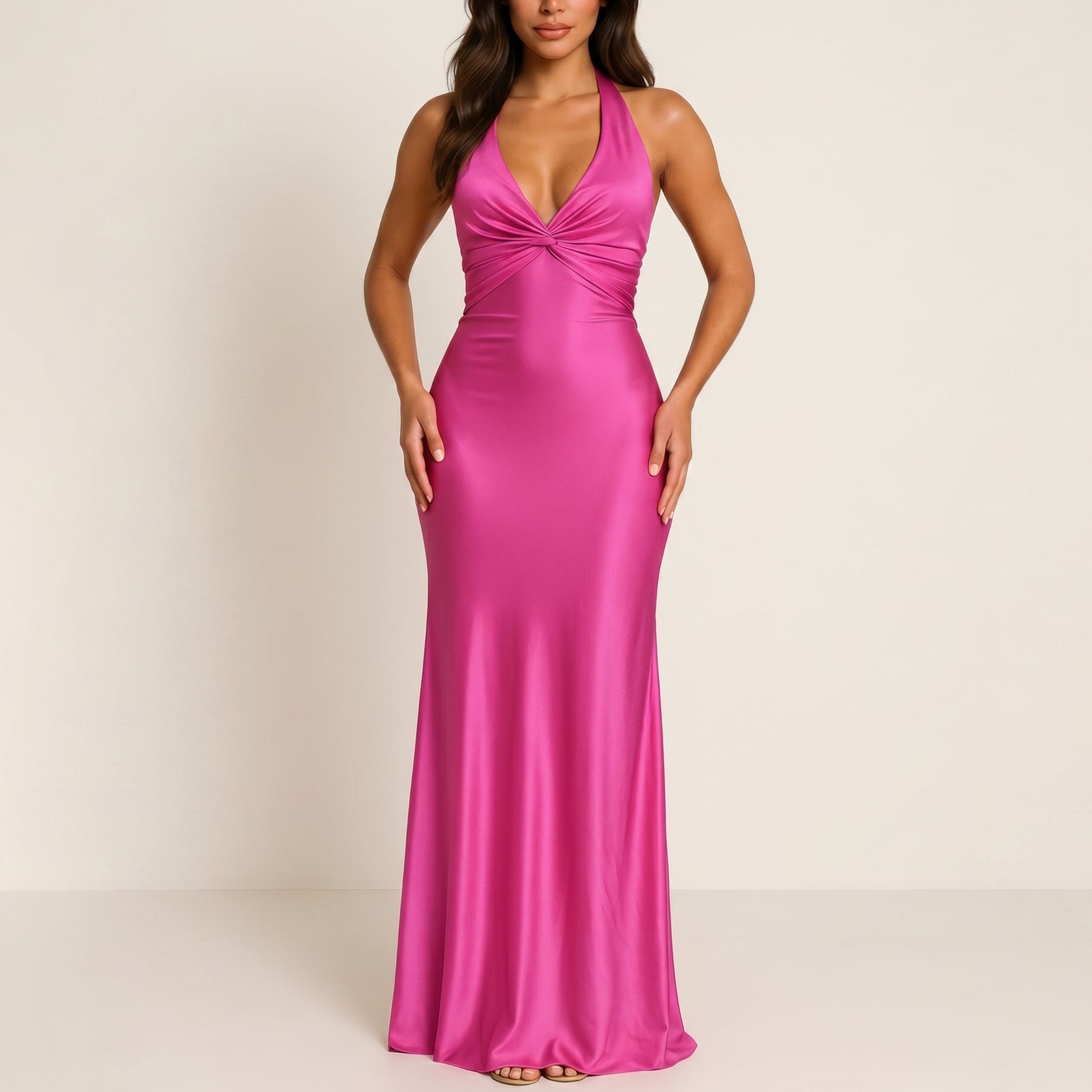 Georgia - Women's Wedding Guest V - Neck Maxi Dress with Bow Back - Maxi Dress - Dark Pink - Taylor & Bennett