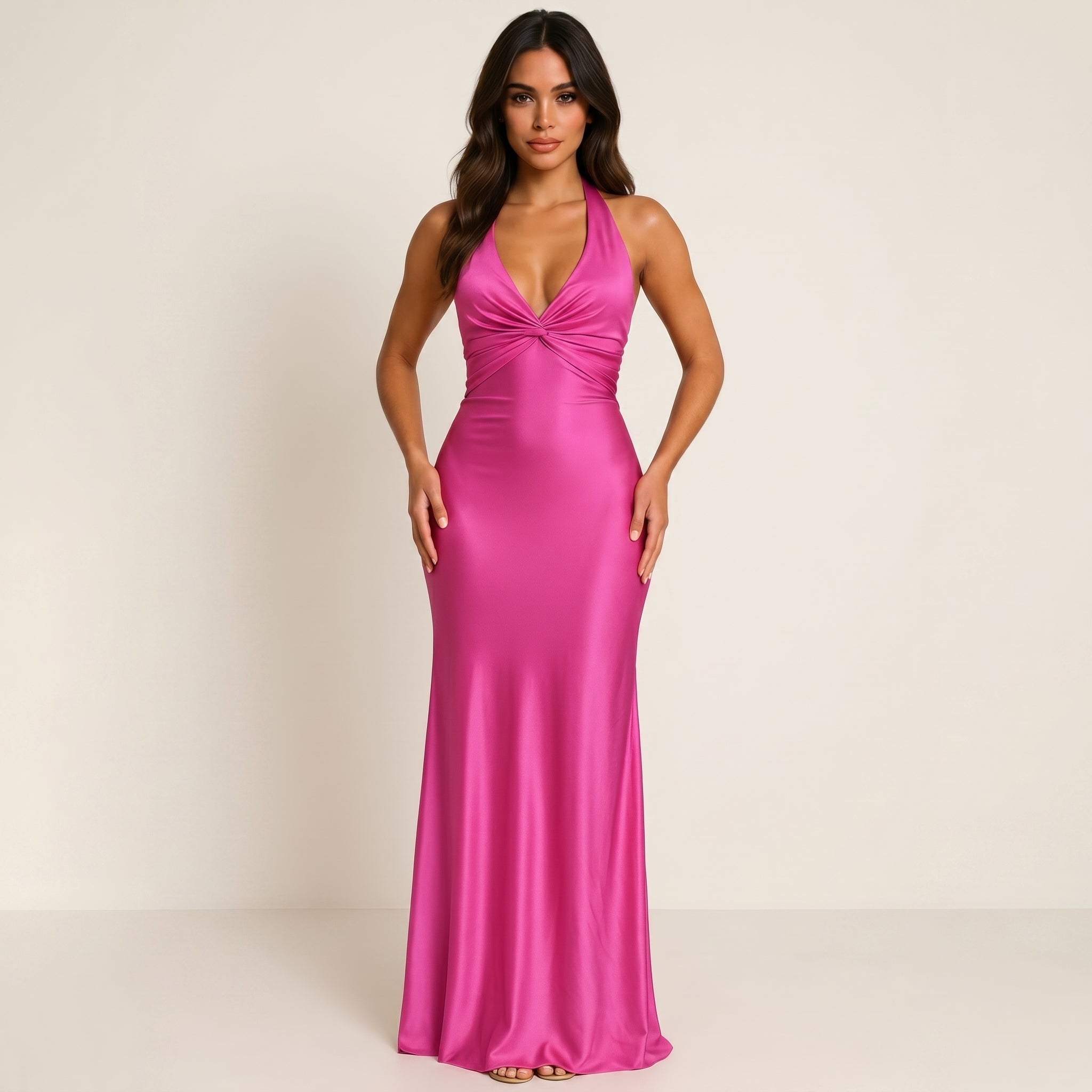 Georgia - Women's Wedding Guest V - Neck Maxi Dress with Bow Back - Maxi Dress - Dark Pink - Taylor & Bennett