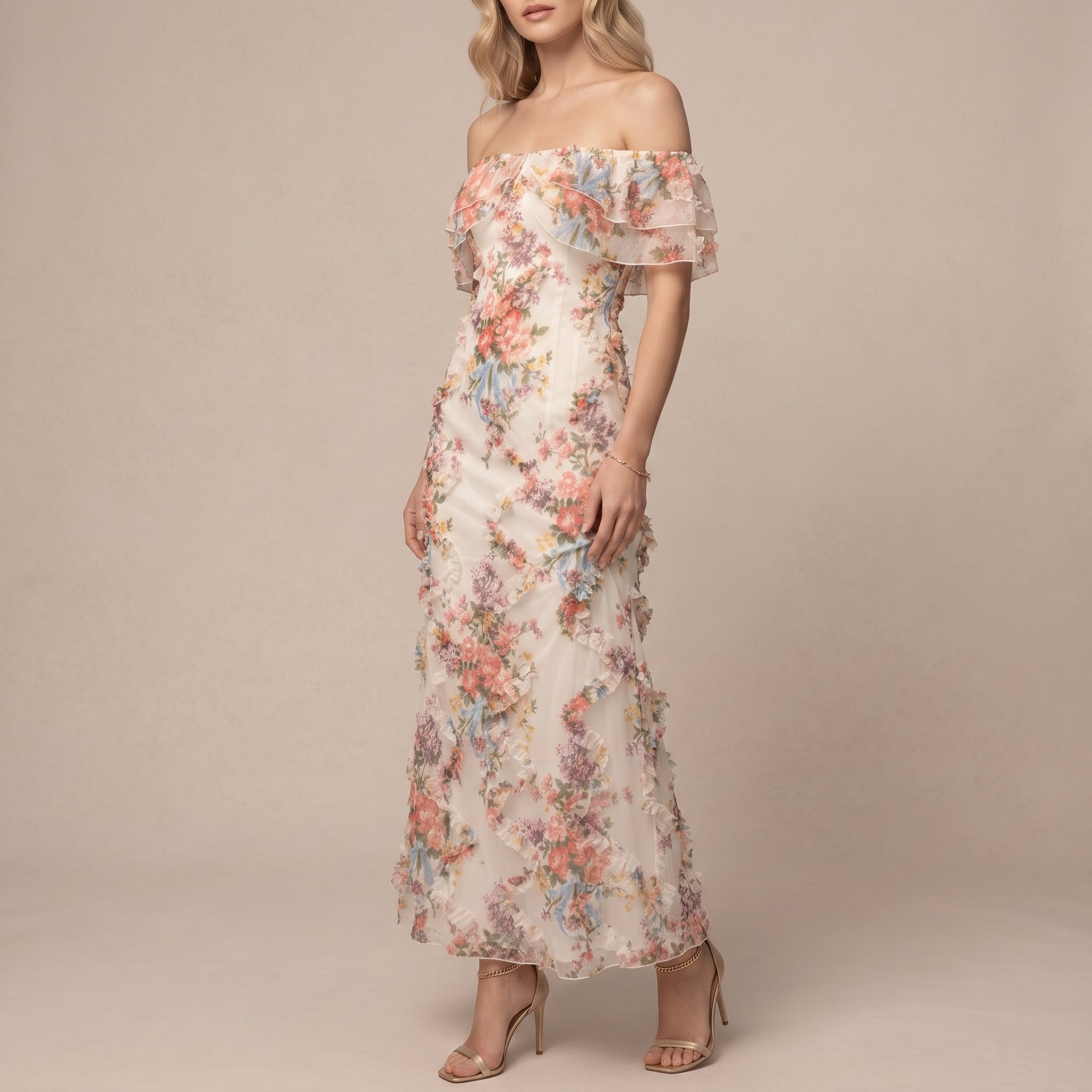 Gisela - Women's Off-Shoulder Vintage Floral Chiffon Maxi Dress - Maxi Dresses - White - Taylor & Bennett