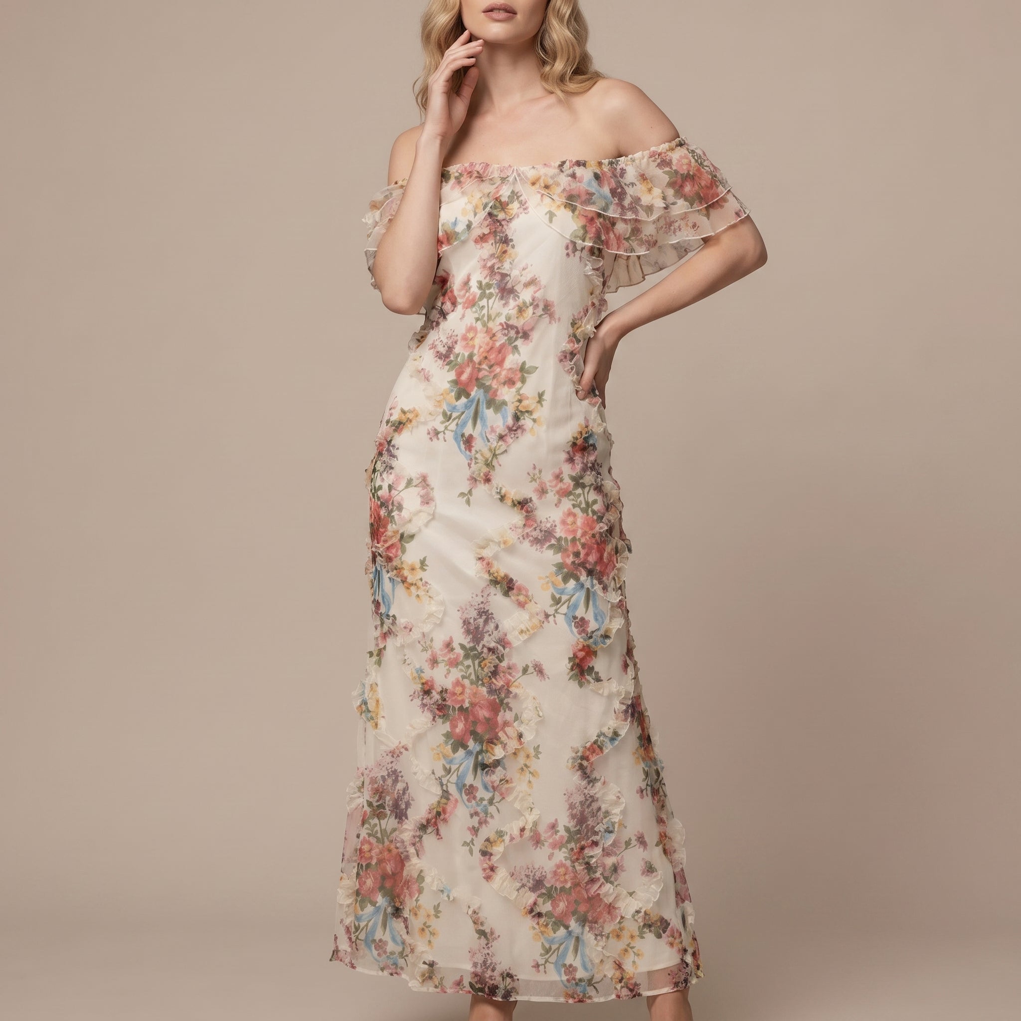 Gisela - Women's Off-Shoulder Vintage Floral Chiffon Maxi Dress - Maxi Dresses - White - Taylor & Bennett