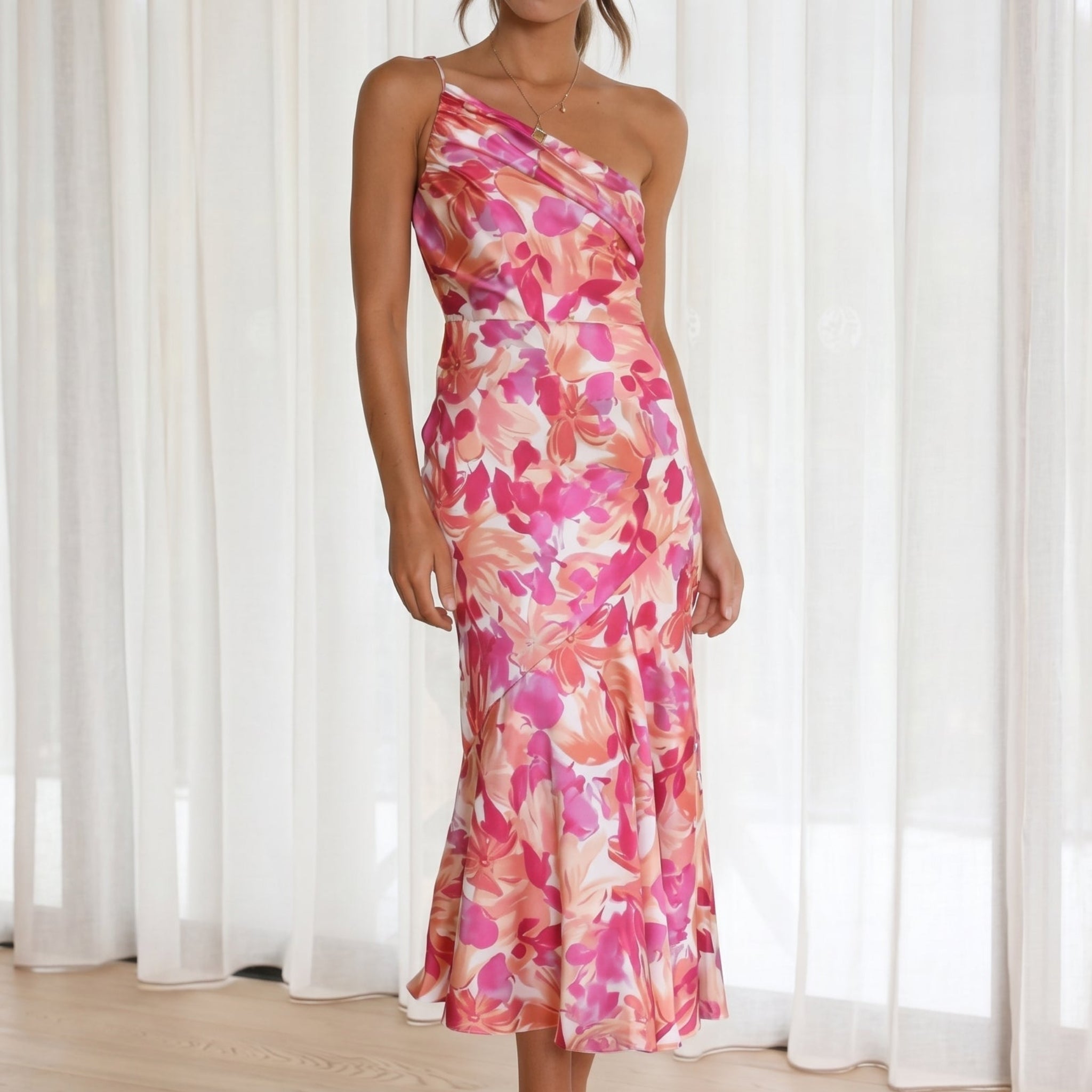 Grace - Women's Floral One-Shoulder Wedding Guest Midi Dress - Midi Dress - Pink - Taylor & Bennett