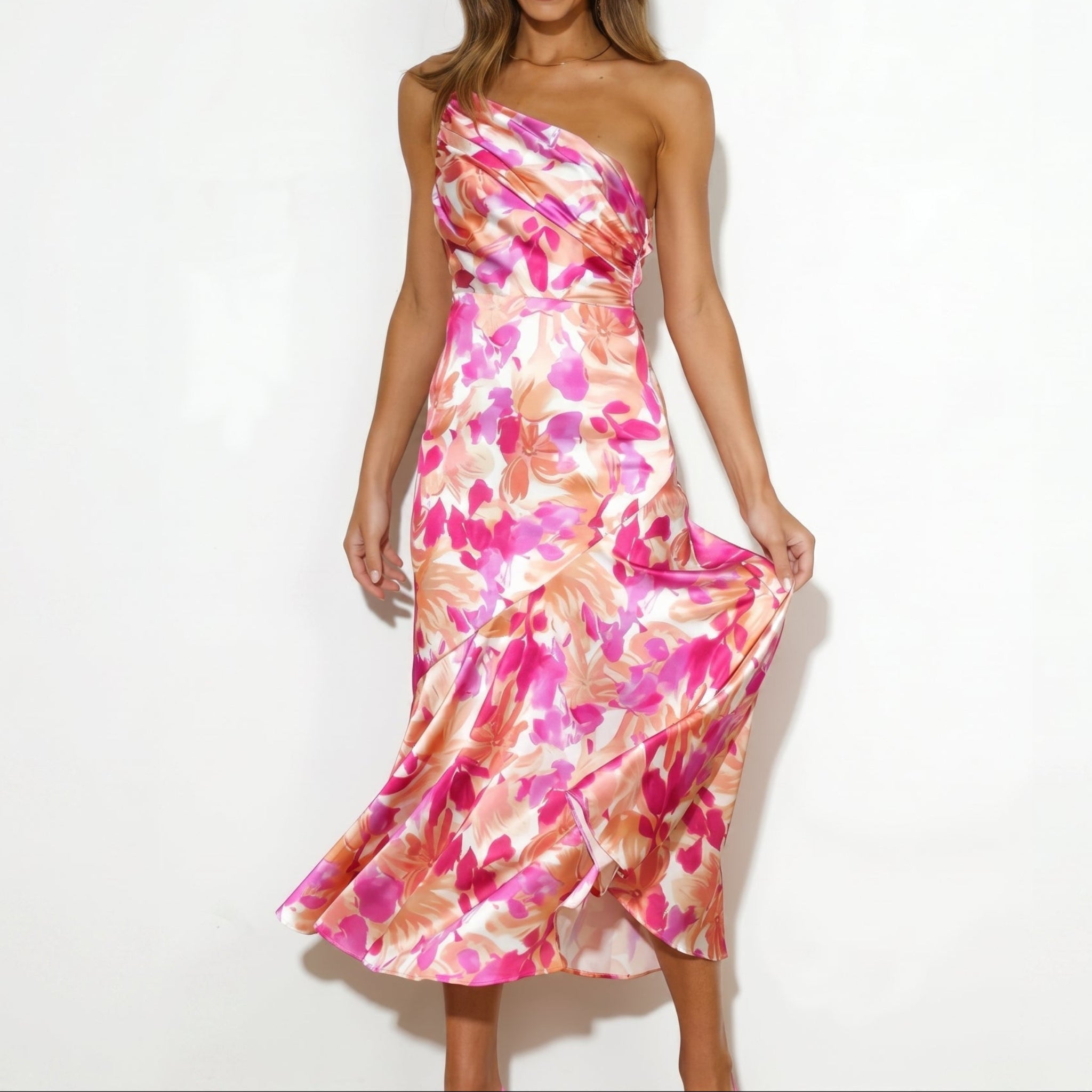Grace - Women's Floral One-Shoulder Wedding Guest Midi Dress - Midi Dress - Pink - Taylor & Bennett