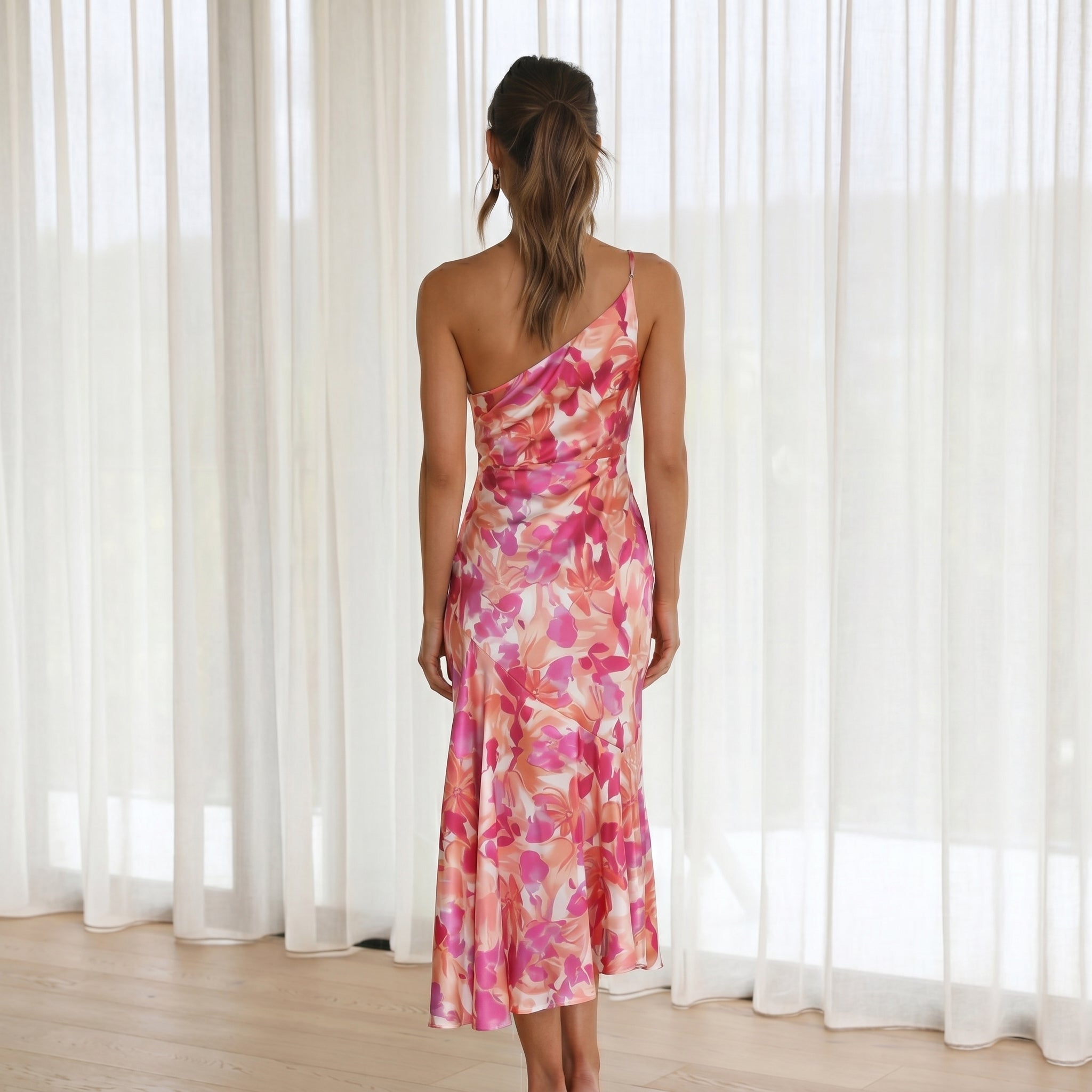 Grace - Women's Floral One-Shoulder Wedding Guest Midi Dress - Midi Dress - Pink - Taylor & Bennett