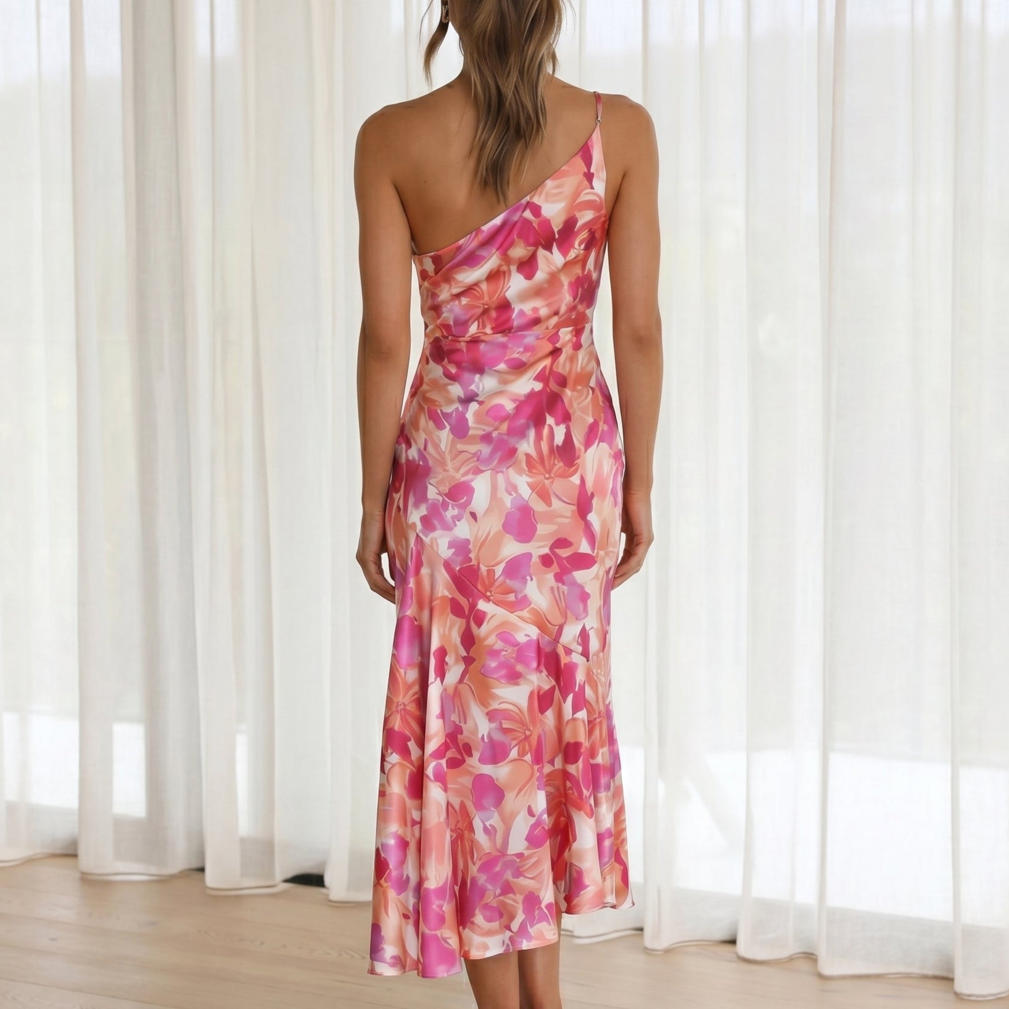 Grace - Women's Floral One-Shoulder Wedding Guest Midi Dress - Midi Dress - Pink - Taylor & Bennett