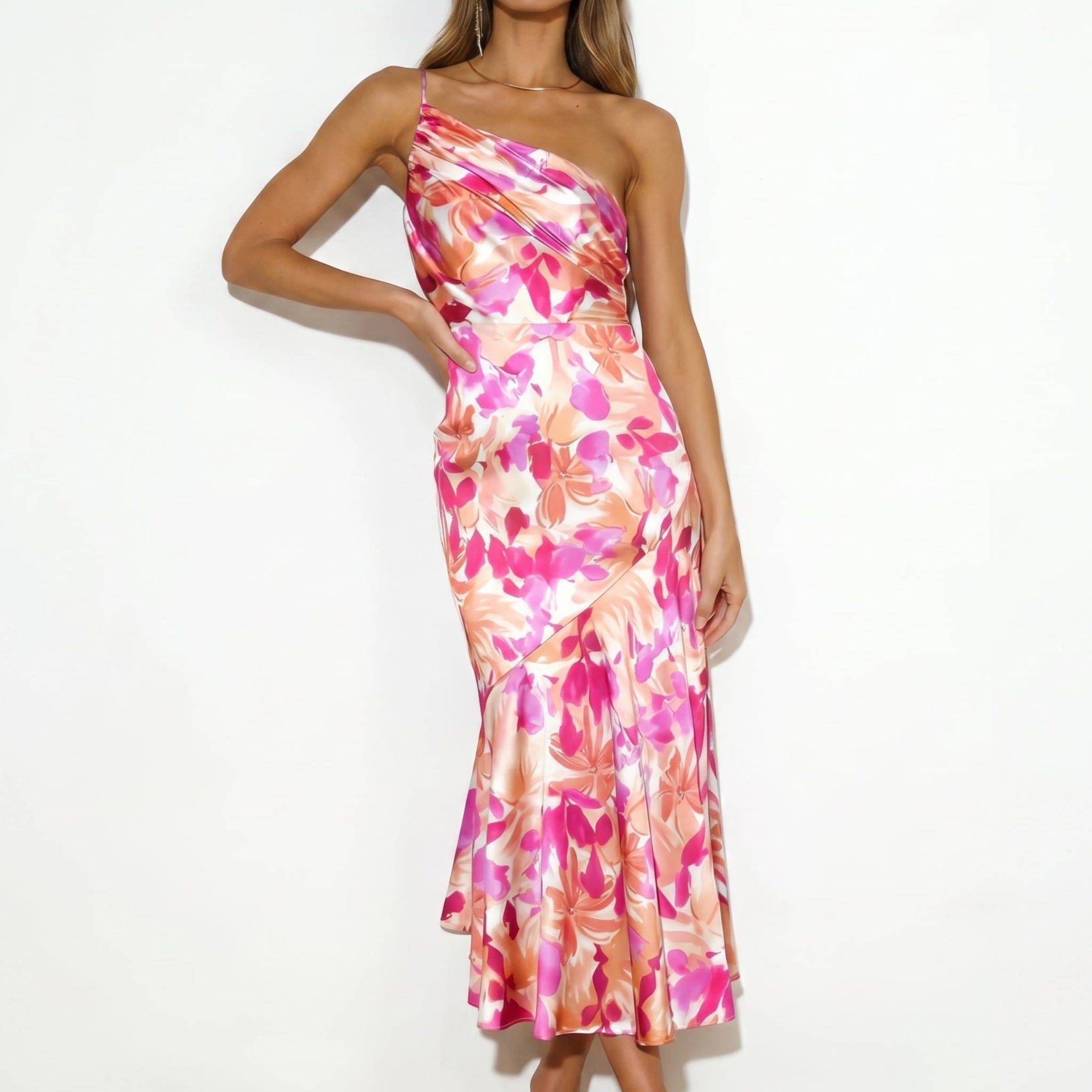 Grace - Women's Floral One-Shoulder Wedding Guest Midi Dress - Midi Dress - Pink - Taylor & Bennett