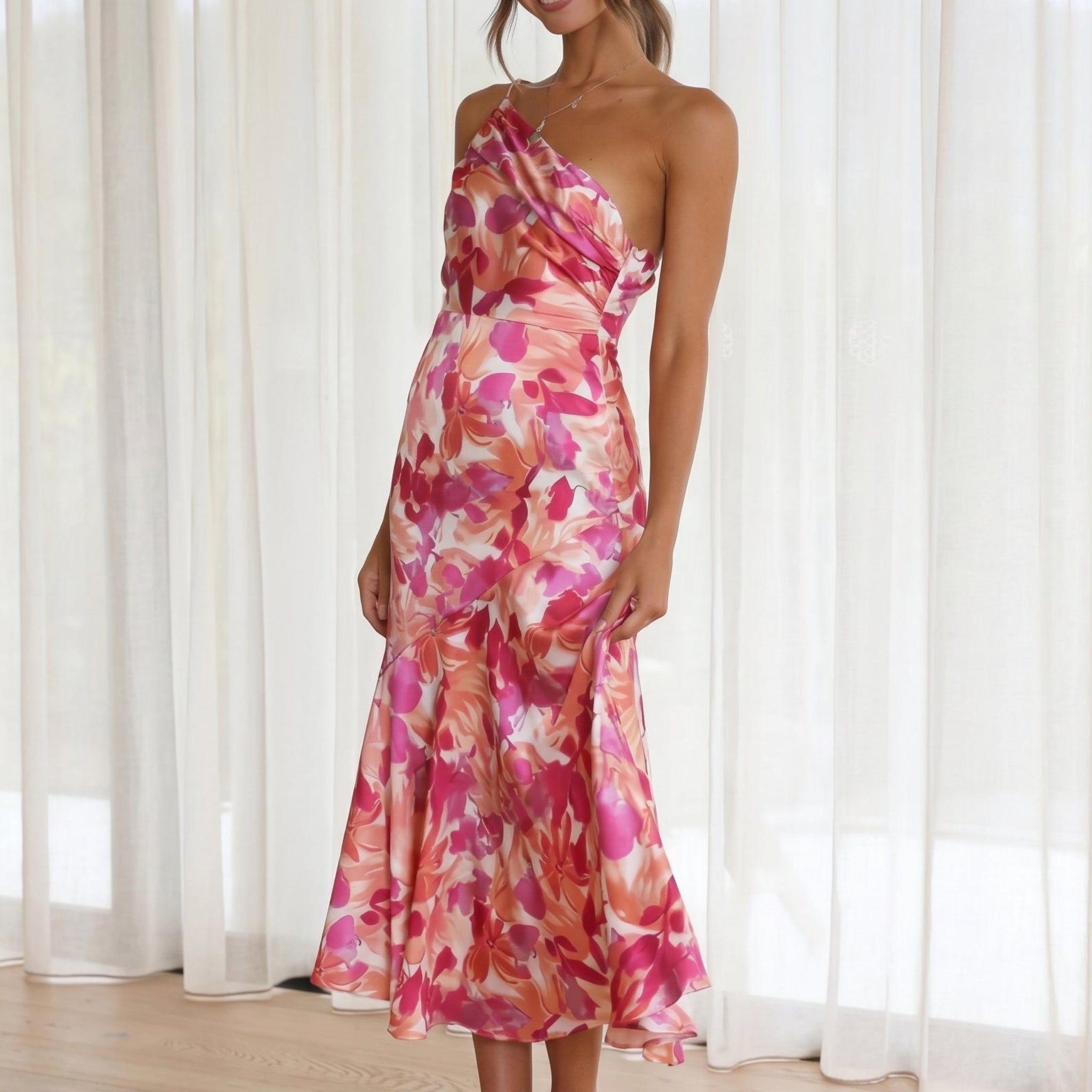 Grace - Women's Floral One-Shoulder Wedding Guest Midi Dress - Midi Dress - Pink - Taylor & Bennett