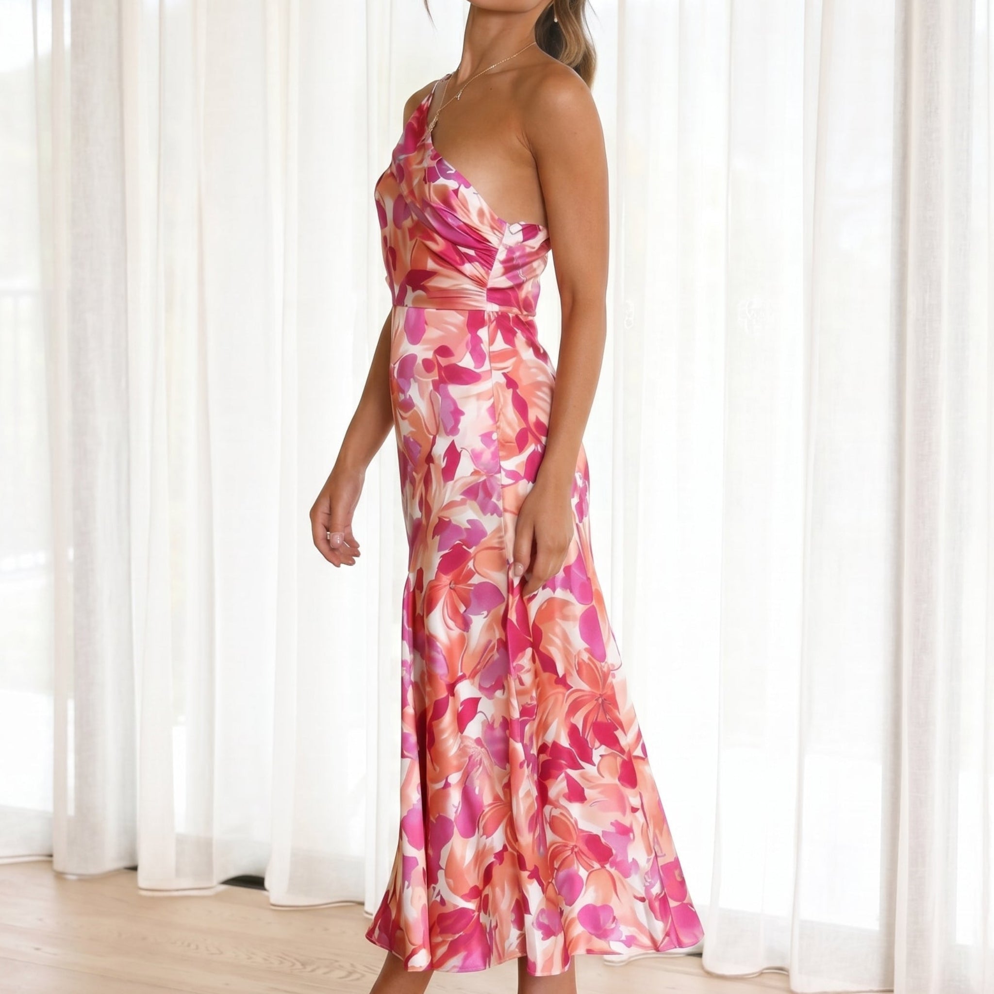 Grace - Women's Floral One-Shoulder Wedding Guest Midi Dress - Midi Dress - Pink - Taylor & Bennett