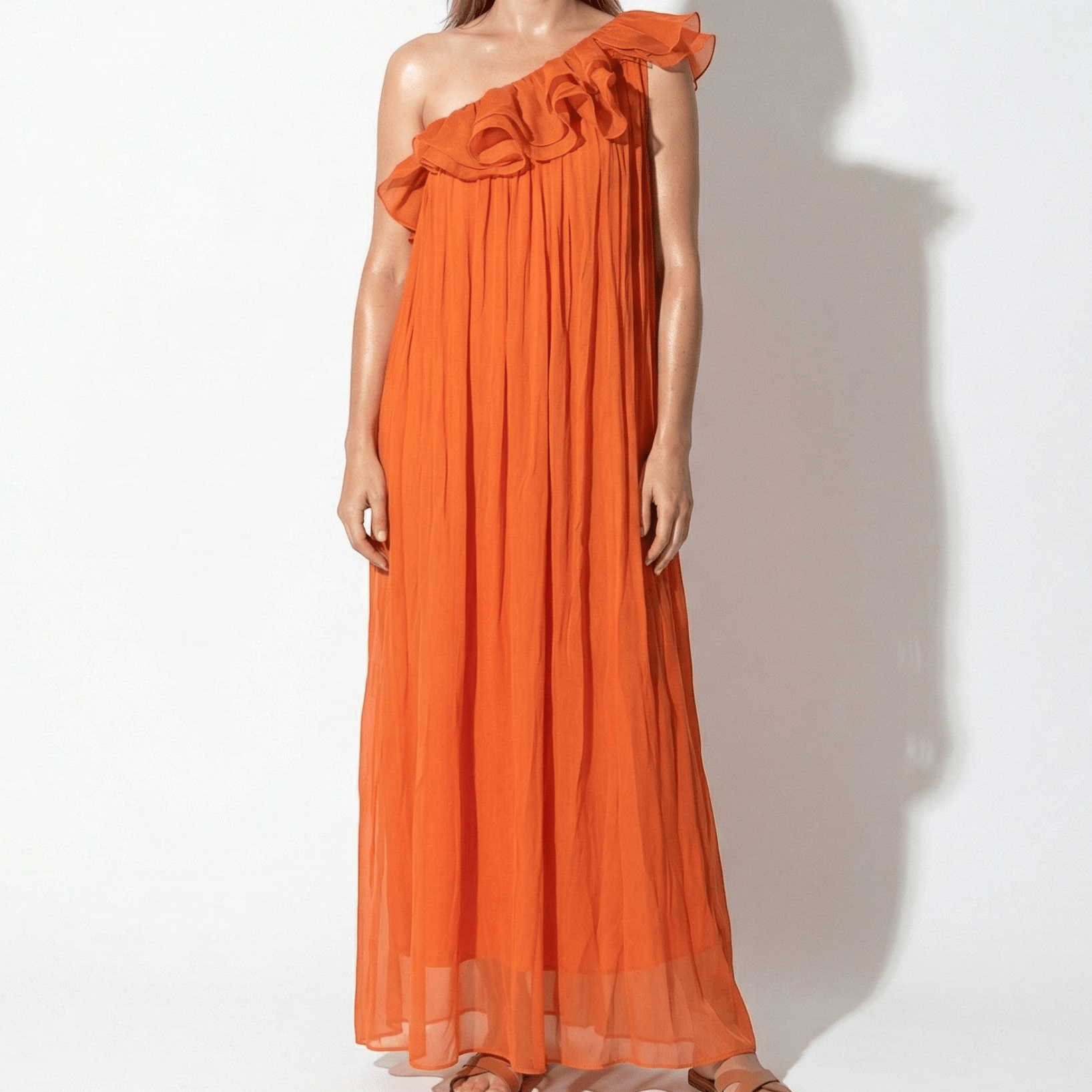 Grace - Women's One - Shoulder Ruffle Long Maxi Dress - Maxi Dress - Orange - Taylor & Bennett