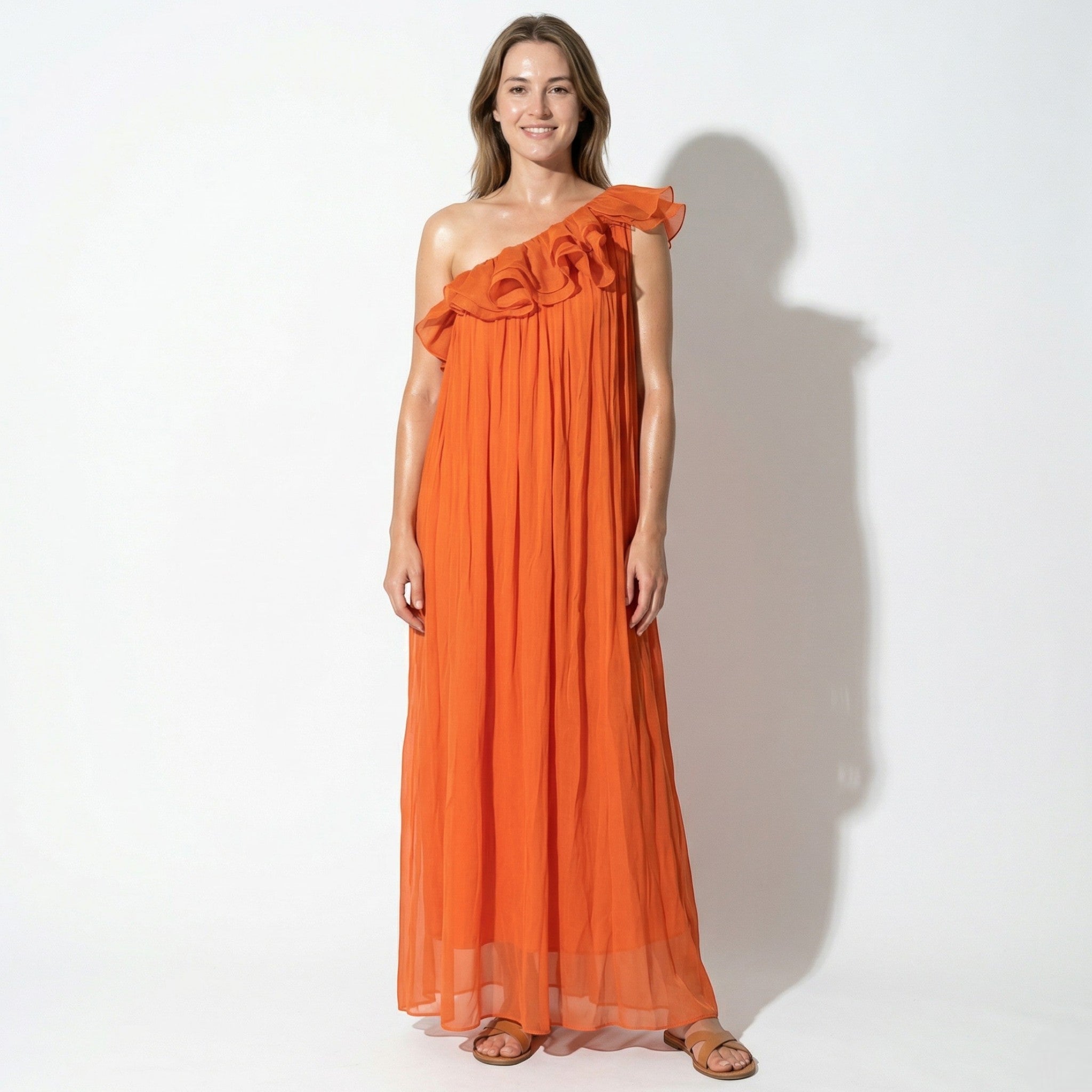 Grace - Women's One - Shoulder Ruffle Long Maxi Dress - Maxi Dress - Orange - Taylor & Bennett