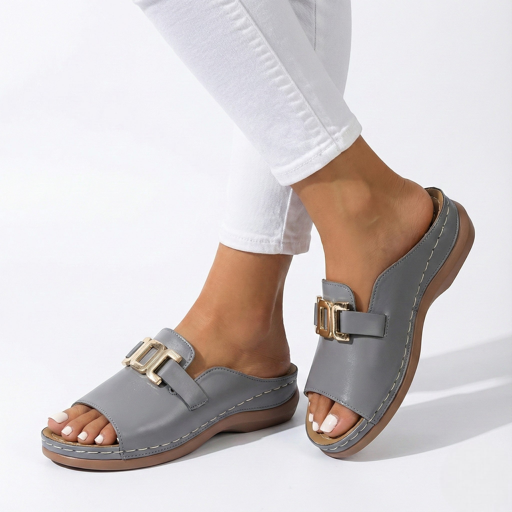 Hannah - Women's Breathable Buckle Flat Sandals - Footwear - Grey - Taylor & Bennett