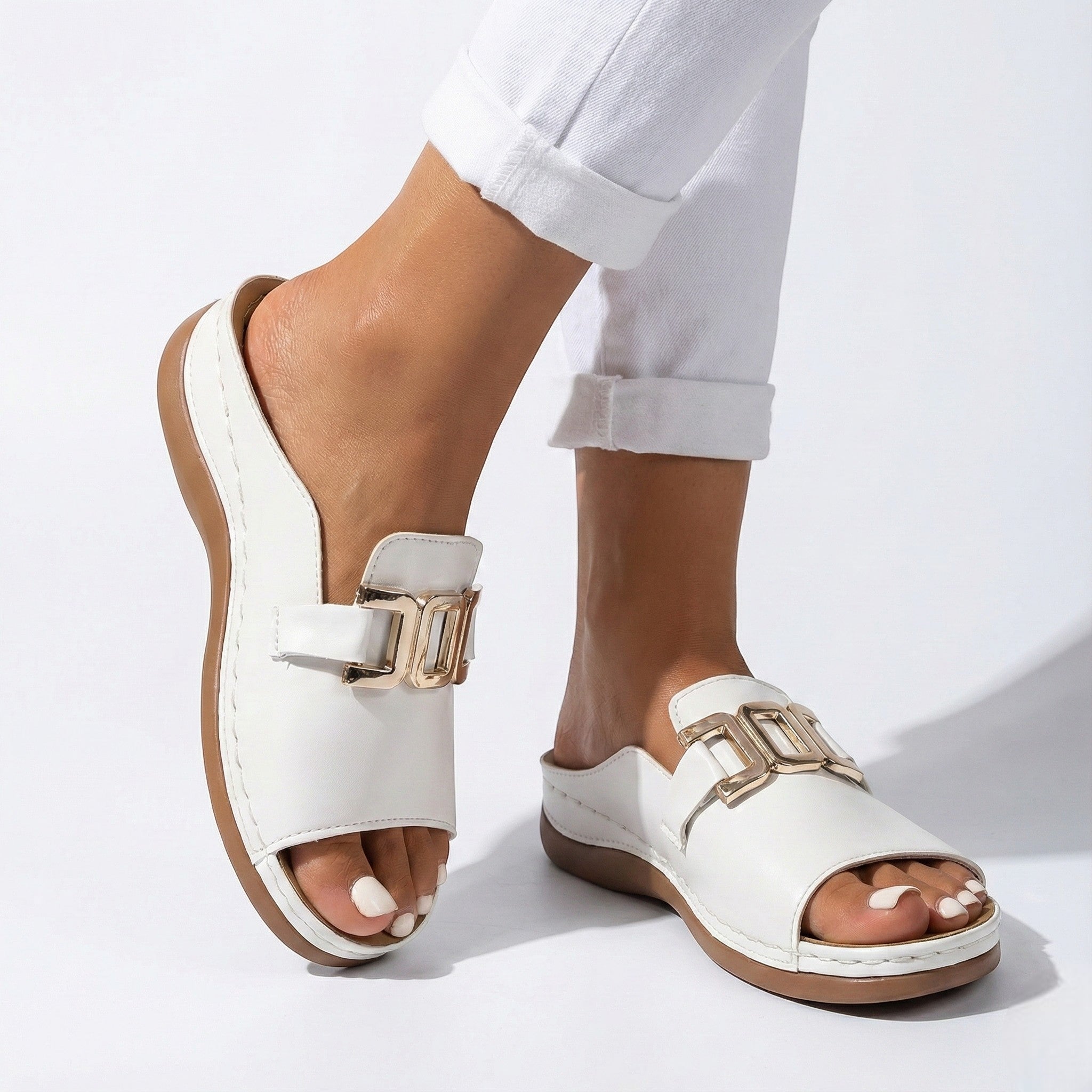 Hannah - Women's Breathable Buckle Flat Sandals - Footwear - White - Taylor & Bennett