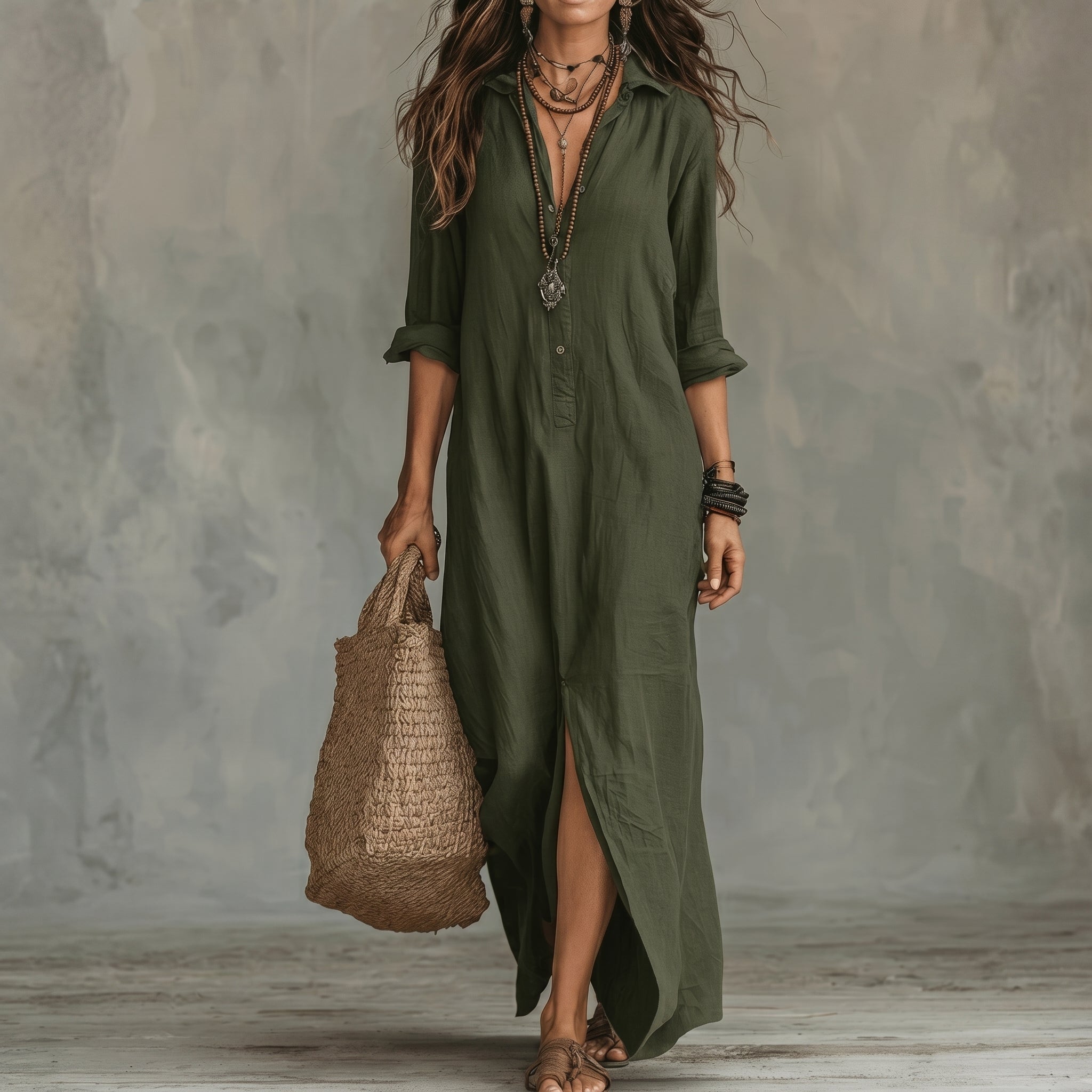 Hannah - Women's Casual Collared Maxi Shirt Dress - Maxi Dress - Green - Taylor & Bennett