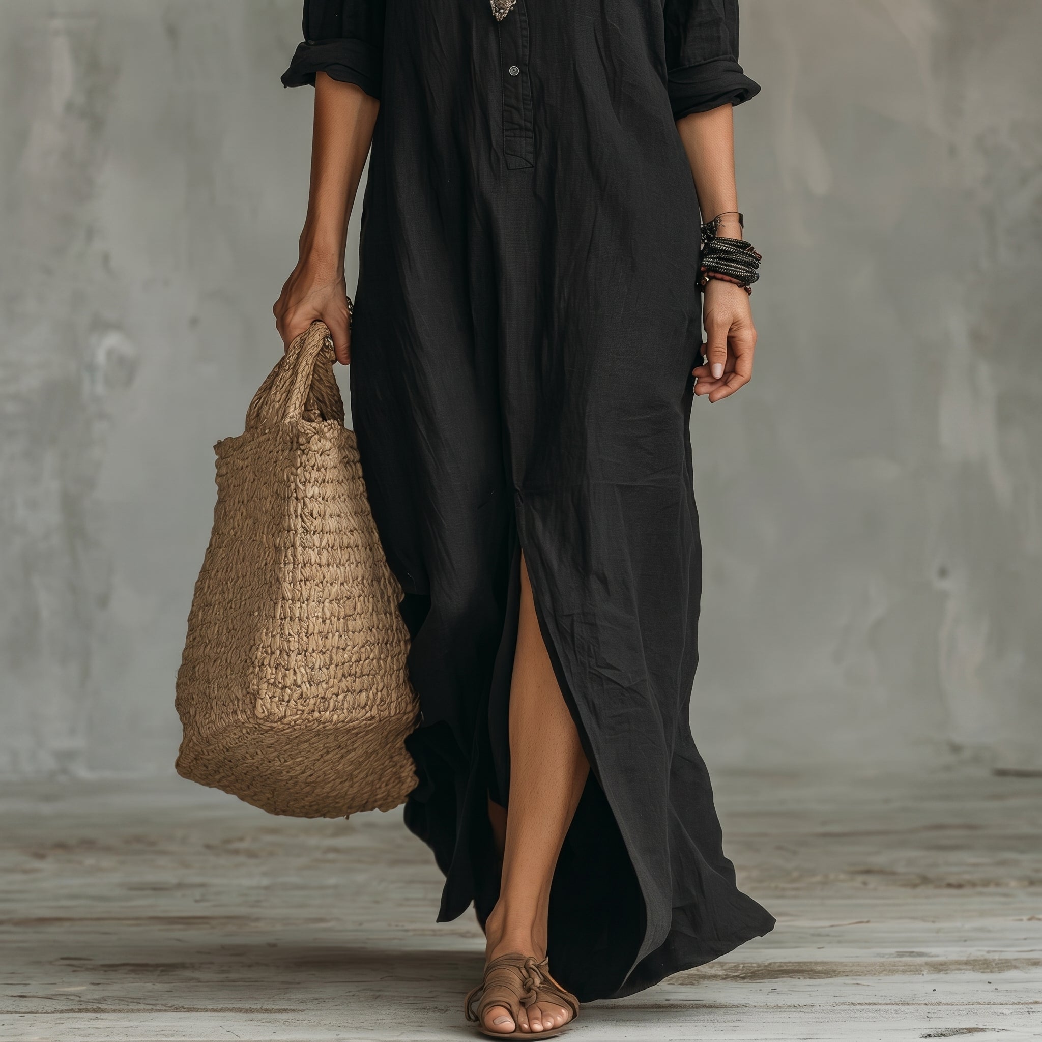 Hannah - Women's Casual Collared Maxi Shirt Dress - Maxi Dress - Black - Taylor & Bennett