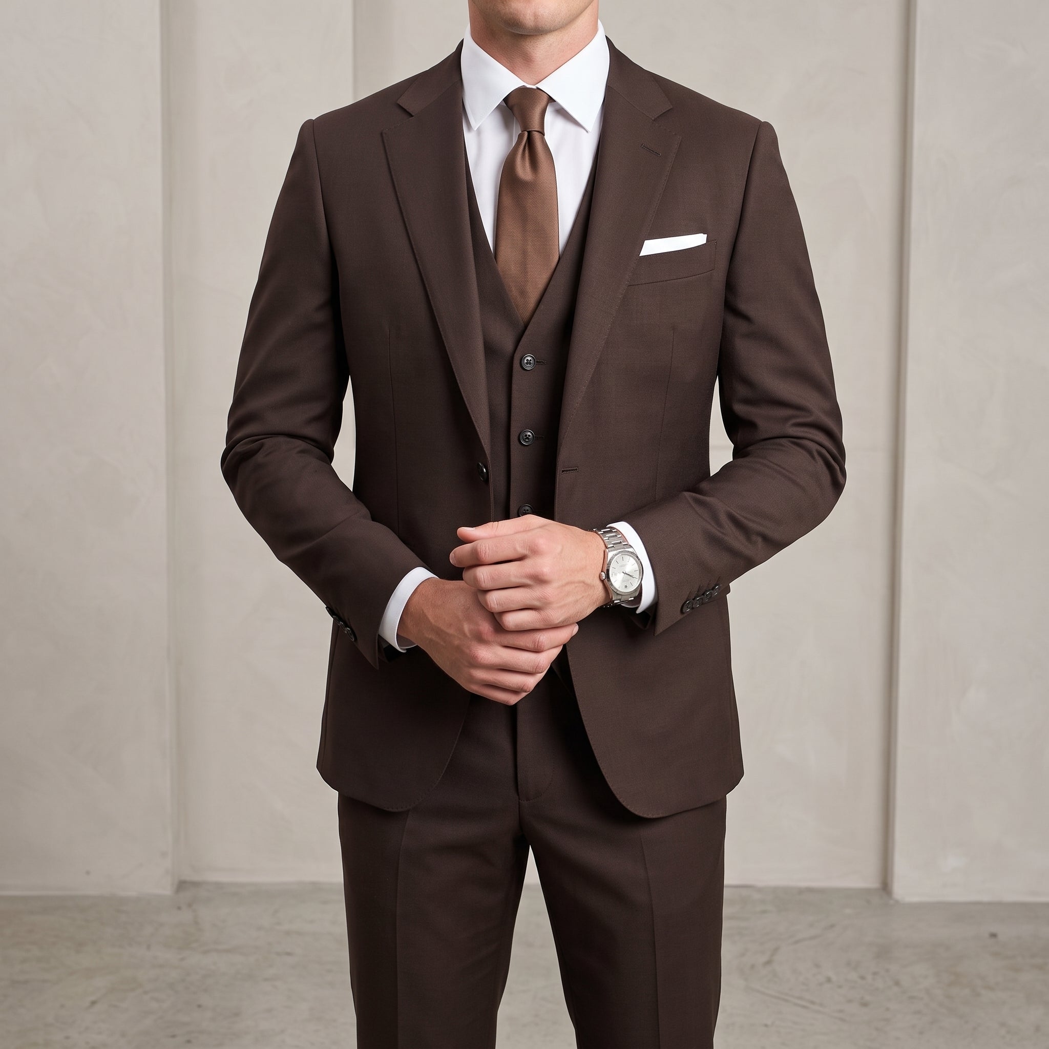 Hansel – Men's Slim Fit Notch Lapel Three-Piece Wedding Suit - Suits - Brown - Taylor & Bennett