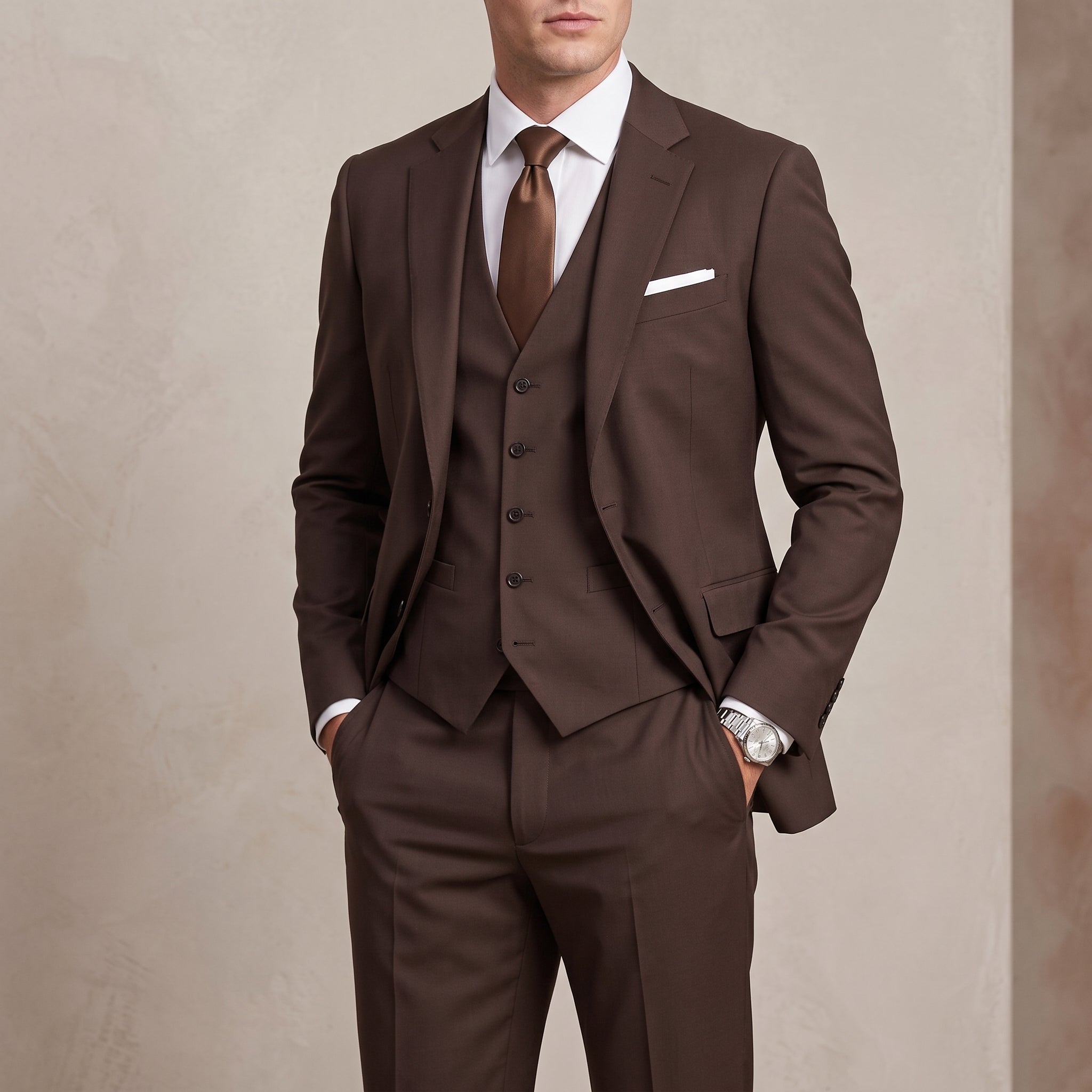 Hansel – Men's Slim Fit Notch Lapel Three-Piece Wedding Suit - Suits - Brown - Taylor & Bennett