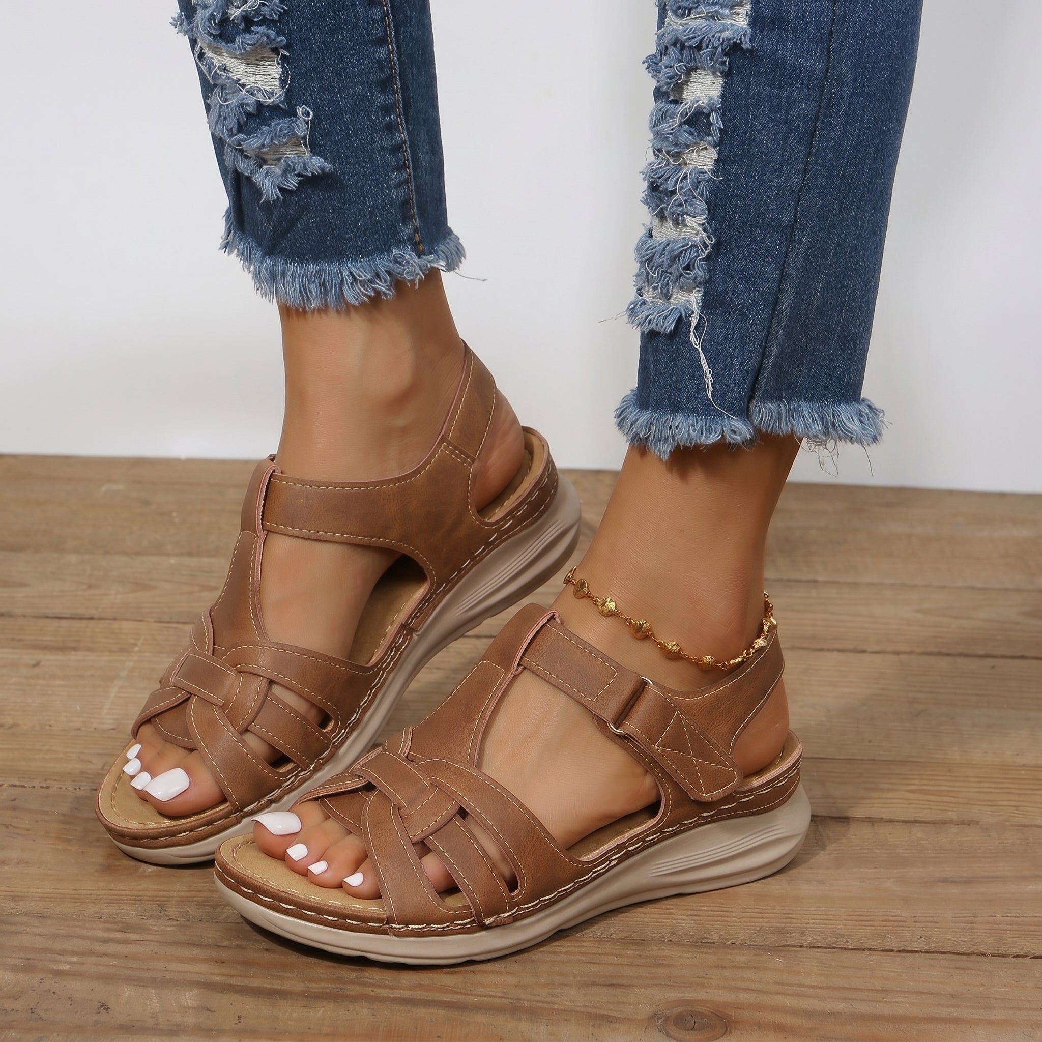 Helen - Women's Orthopaedic Velcro Cut-Out Wedge Sandals - Sandal - Brown - Taylor & Bennett