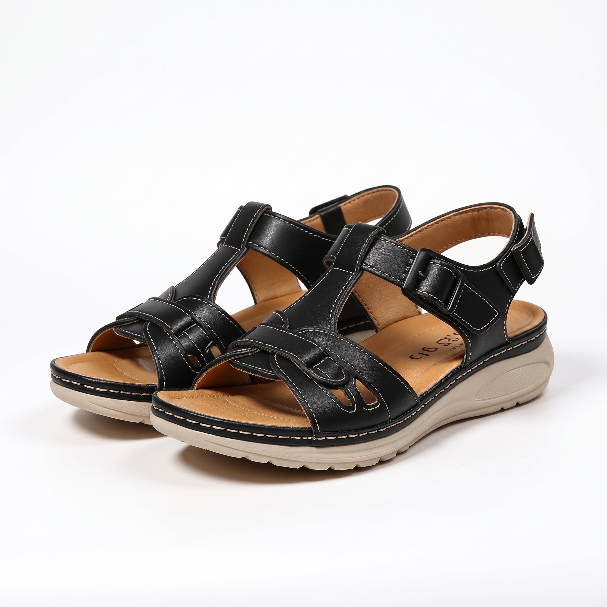 Helen - Women's Orthopaedic Velcro Cut-Out Wedge Sandals - Sandal - Black - Taylor & Bennett