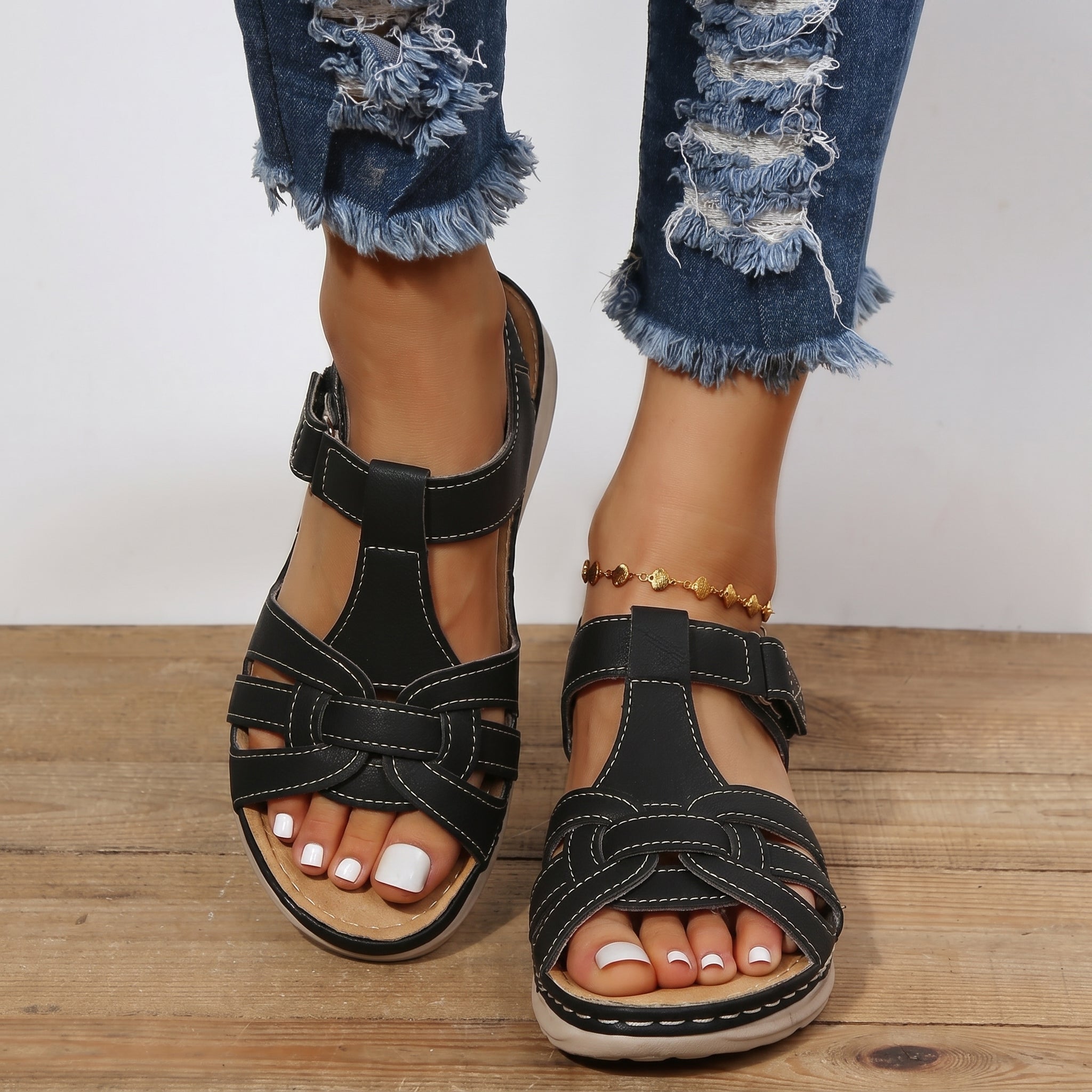 Helen - Women's Orthopaedic Velcro Cut-Out Wedge Sandals - Sandal - Black - Taylor & Bennett