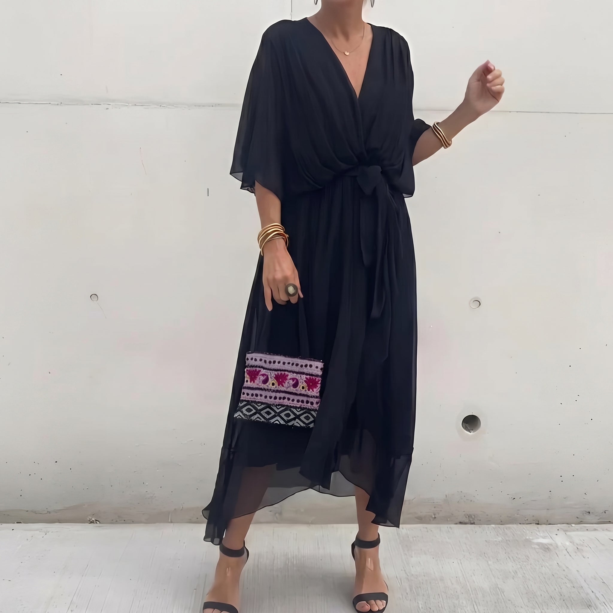 Helena - Women's Summer Wrap Chiffon Maxi Dress - Maxi Dress - Black - Taylor & Bennett