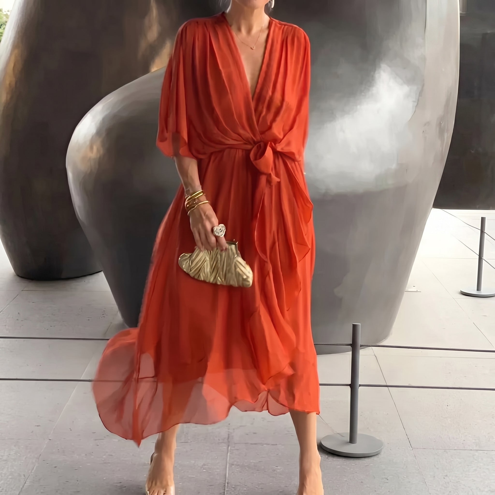 Helena - Women's Summer Wrap Chiffon Maxi Dress - Maxi Dress - Orange - Taylor & Bennett