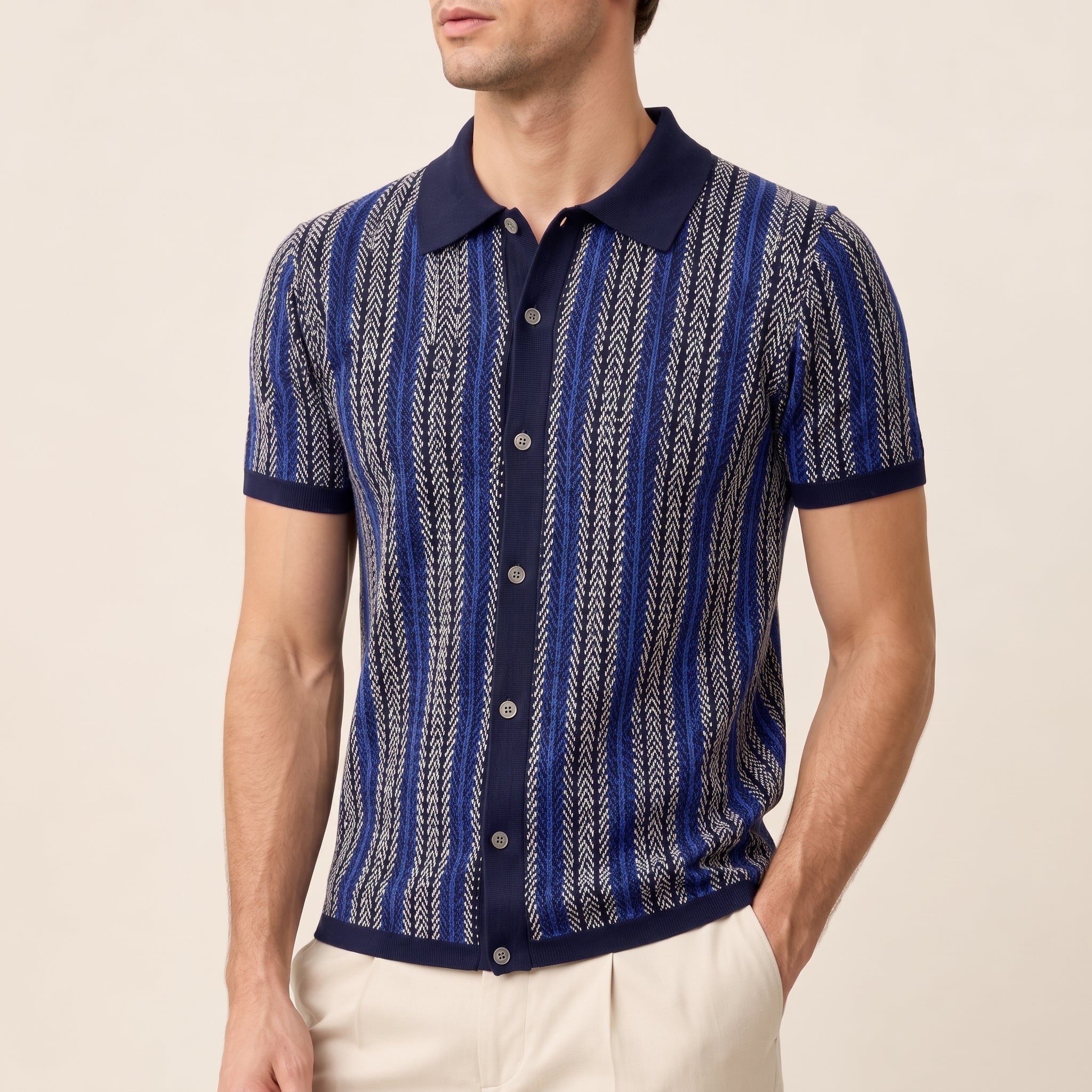 Henry - Men's Summer Vertical Stripe Button-Down Polo Shirt - Polos - Navy - Taylor & Bennett