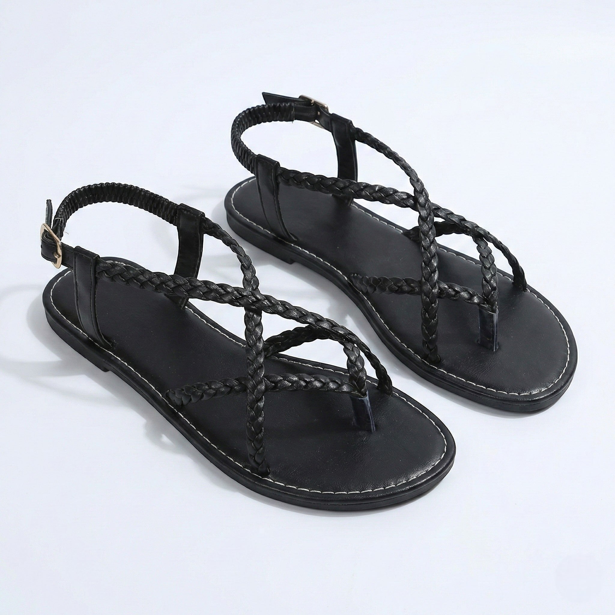 Imogen - Women's Flat Braided Strappy Sandals - Sandals - Black - Taylor & Bennett